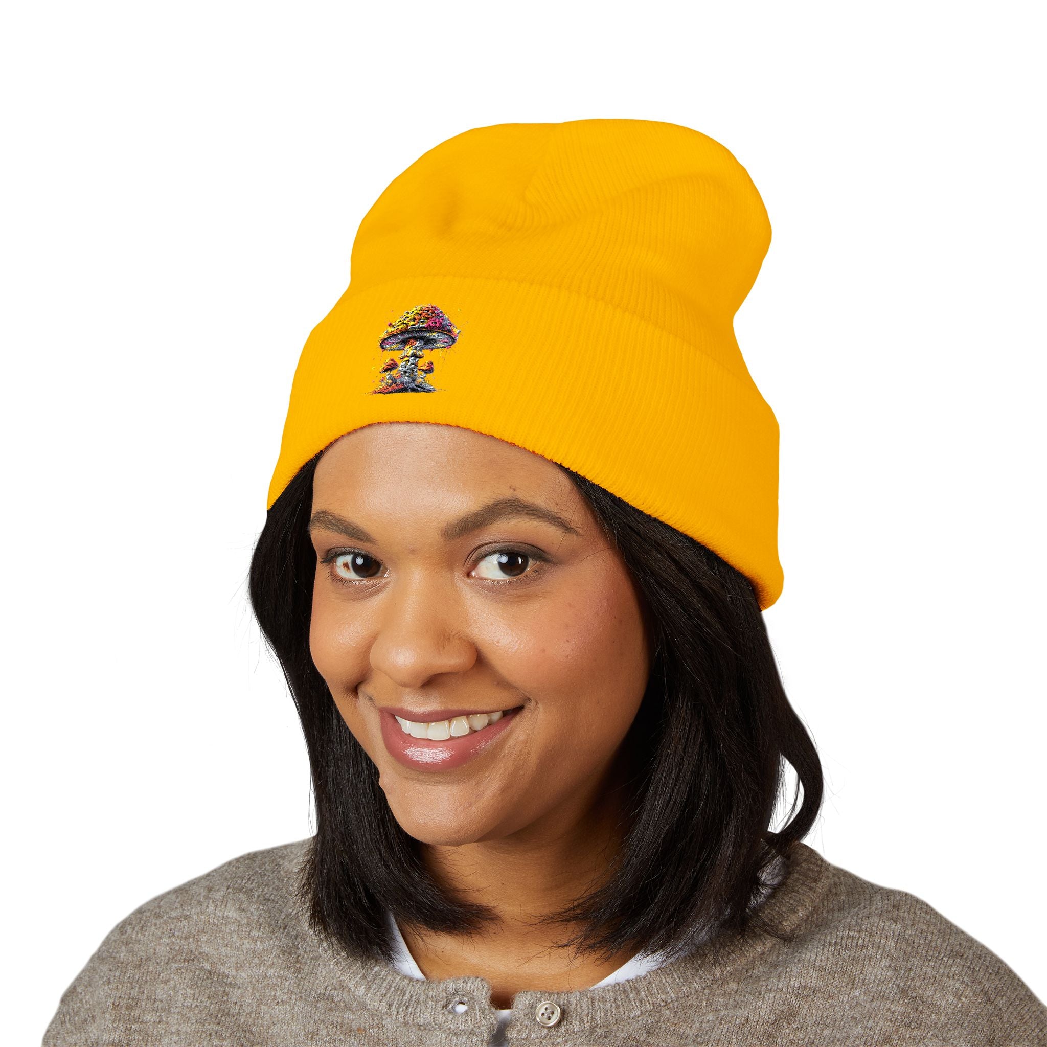Beanie: Embroidered Colorful Mushroom Beanie — Cute Cuffed Knit Hat