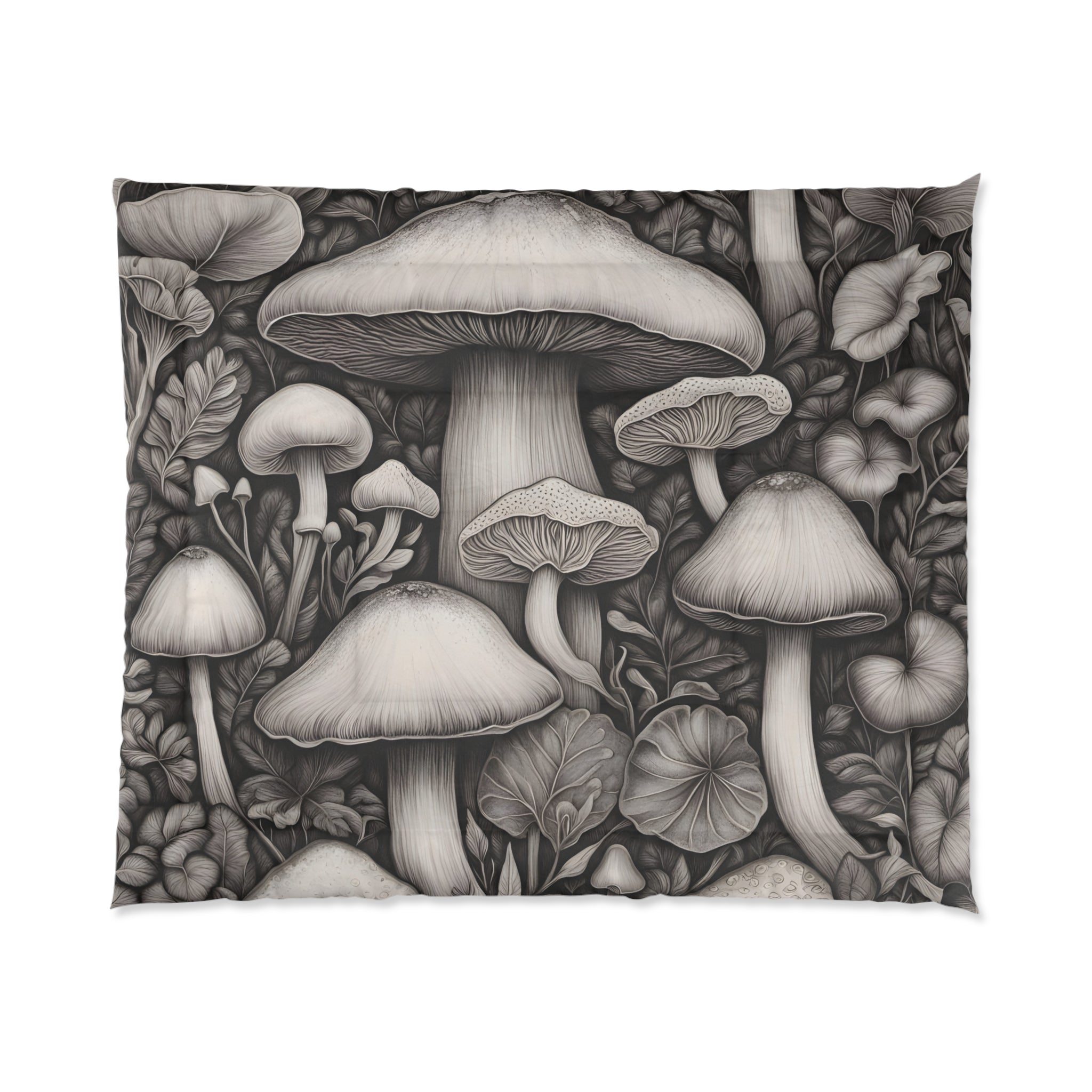 Comforter: Mushroom Garden Comforter – Monochrome Botanical Fungi Bedding