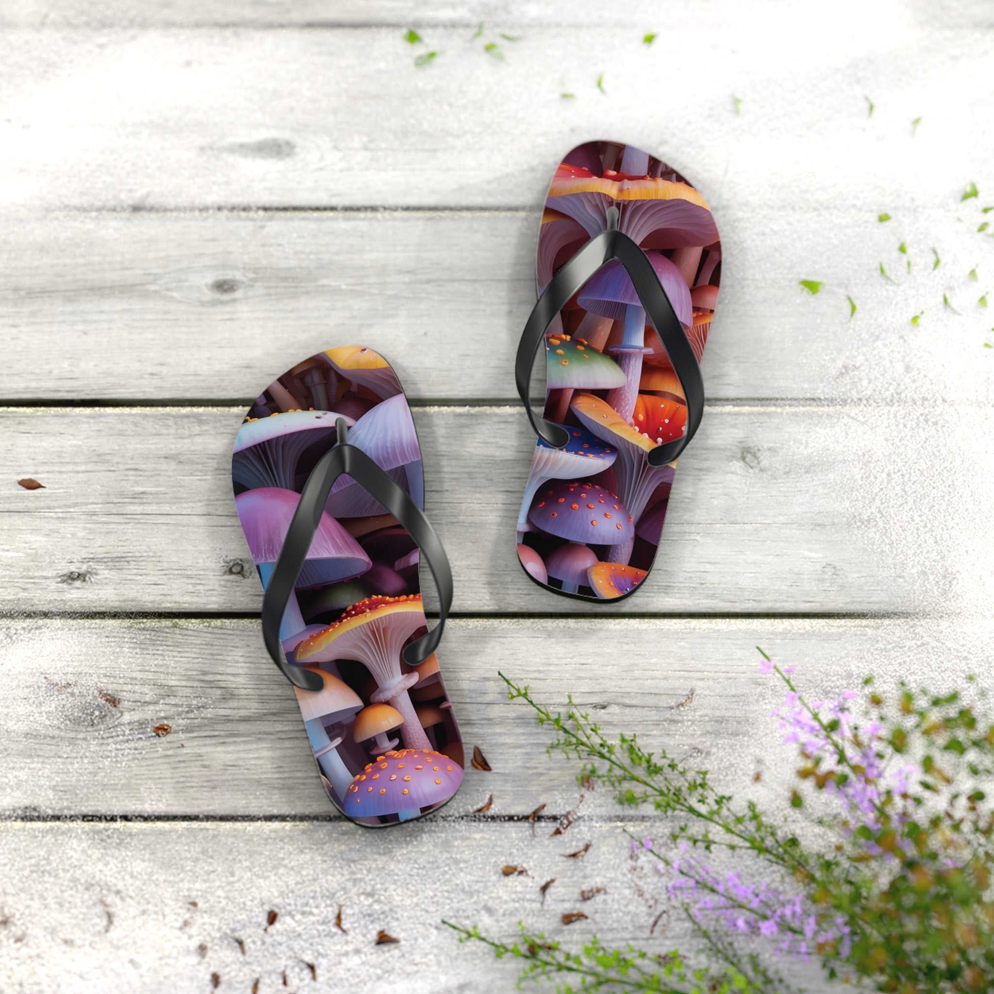 Flops: Psychedelic Mushroom Flip Flops - Colorful Fantasy Beach Sandals