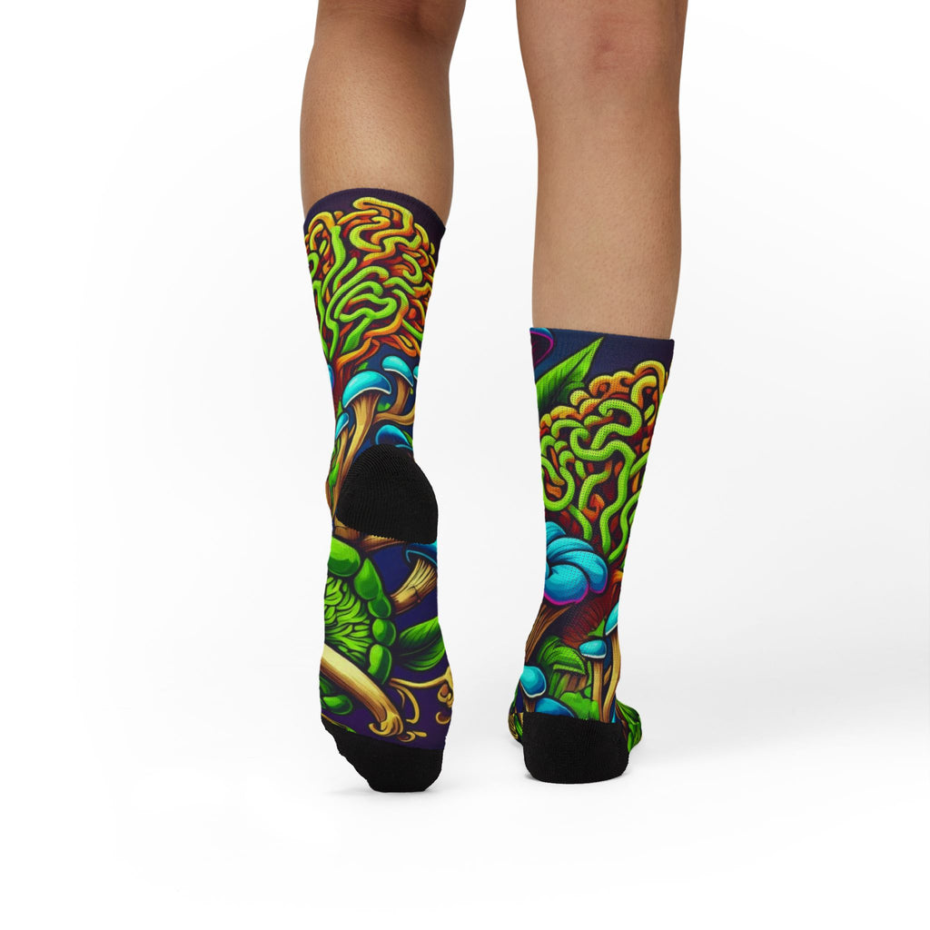 Socks: Psychedelic Mushroom Socks — Vibrant Green Fungi Sublimation Crew Socks