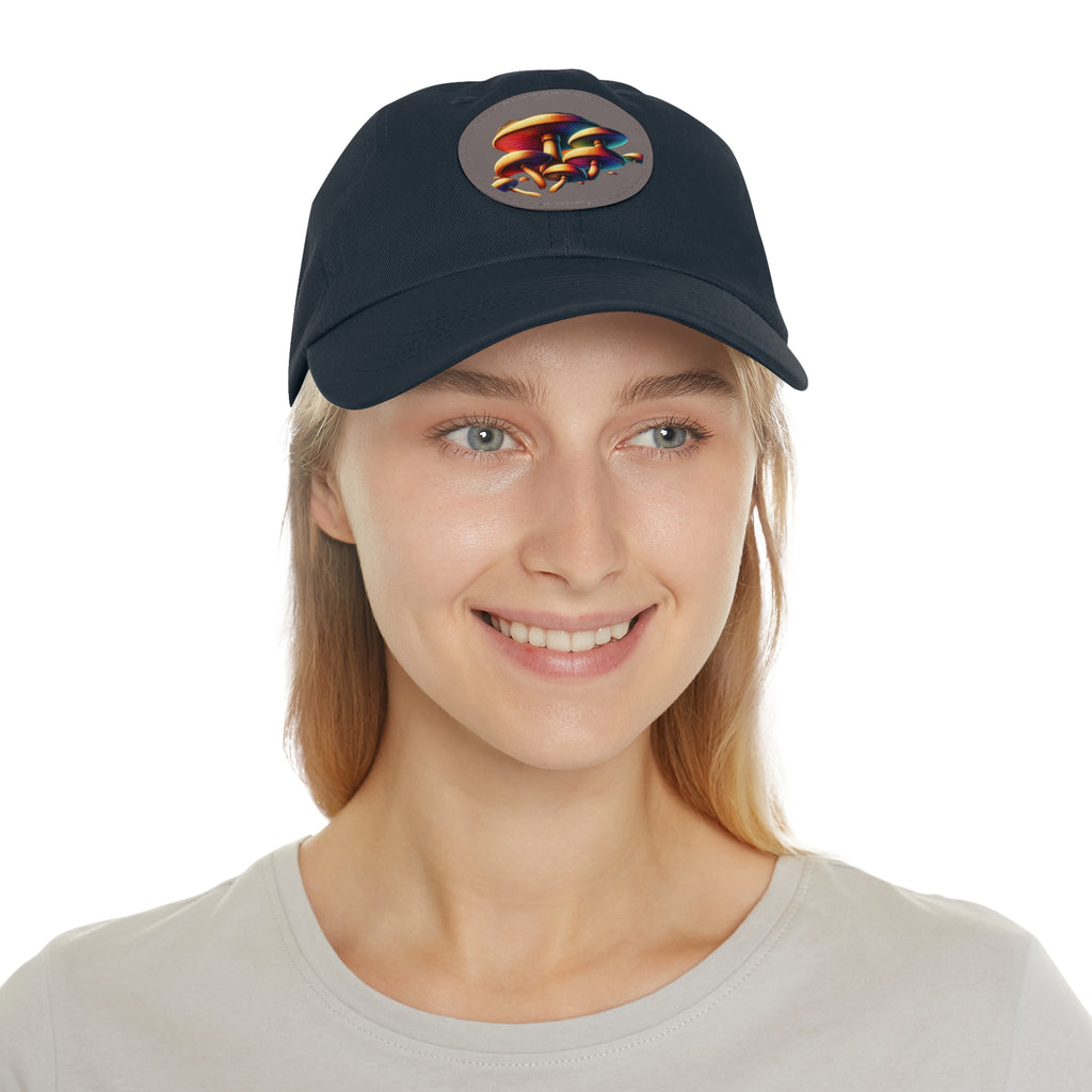 Mushroom Patch Dad Hat — Colorful Psychedelic Fungi Leather Patch Cap