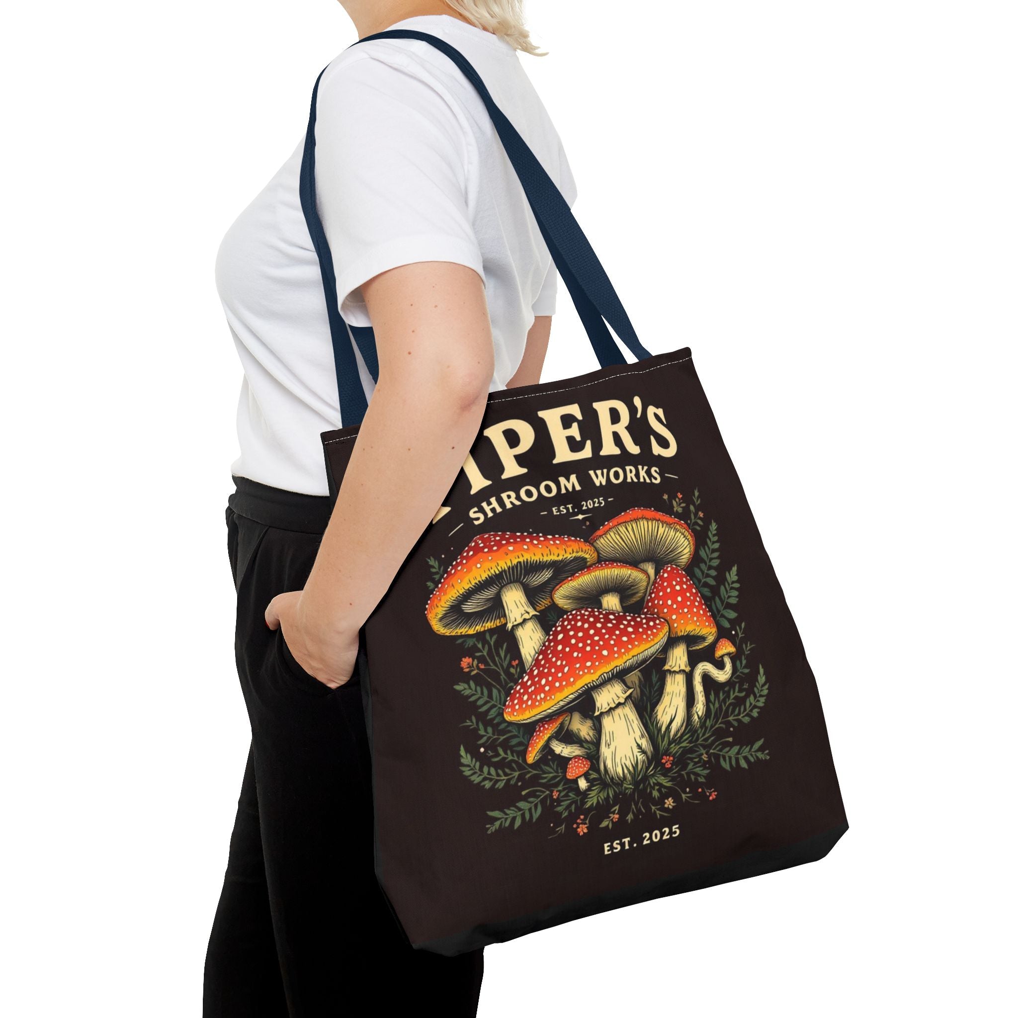 Mushroom Tote Bag — "Piper's Shroom Works" Vintage Fungi Market Shopper