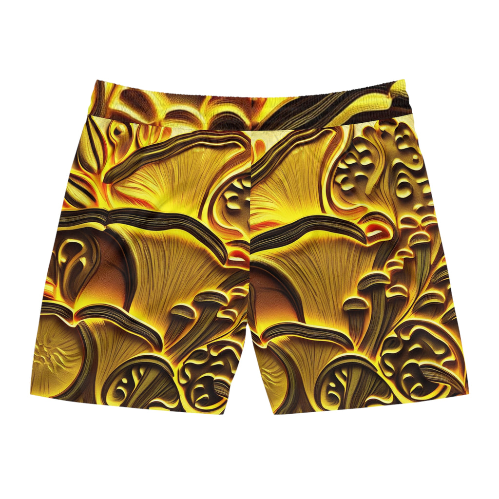 Gold Mushroom Pattern Swim Shorts — Men's Mid-Length Beach Trunks