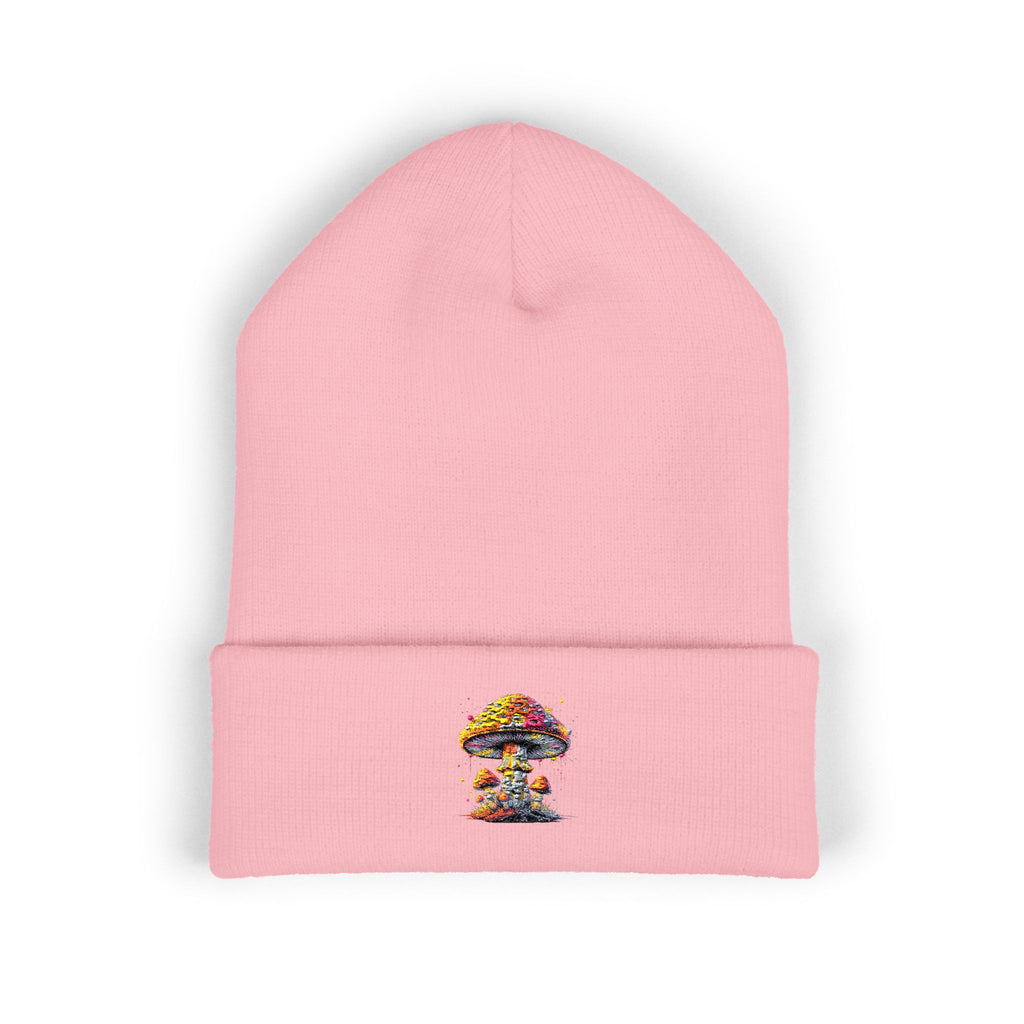 Beanie: Embroidered Colorful Mushroom Beanie — Cute Cuffed Knit Hat