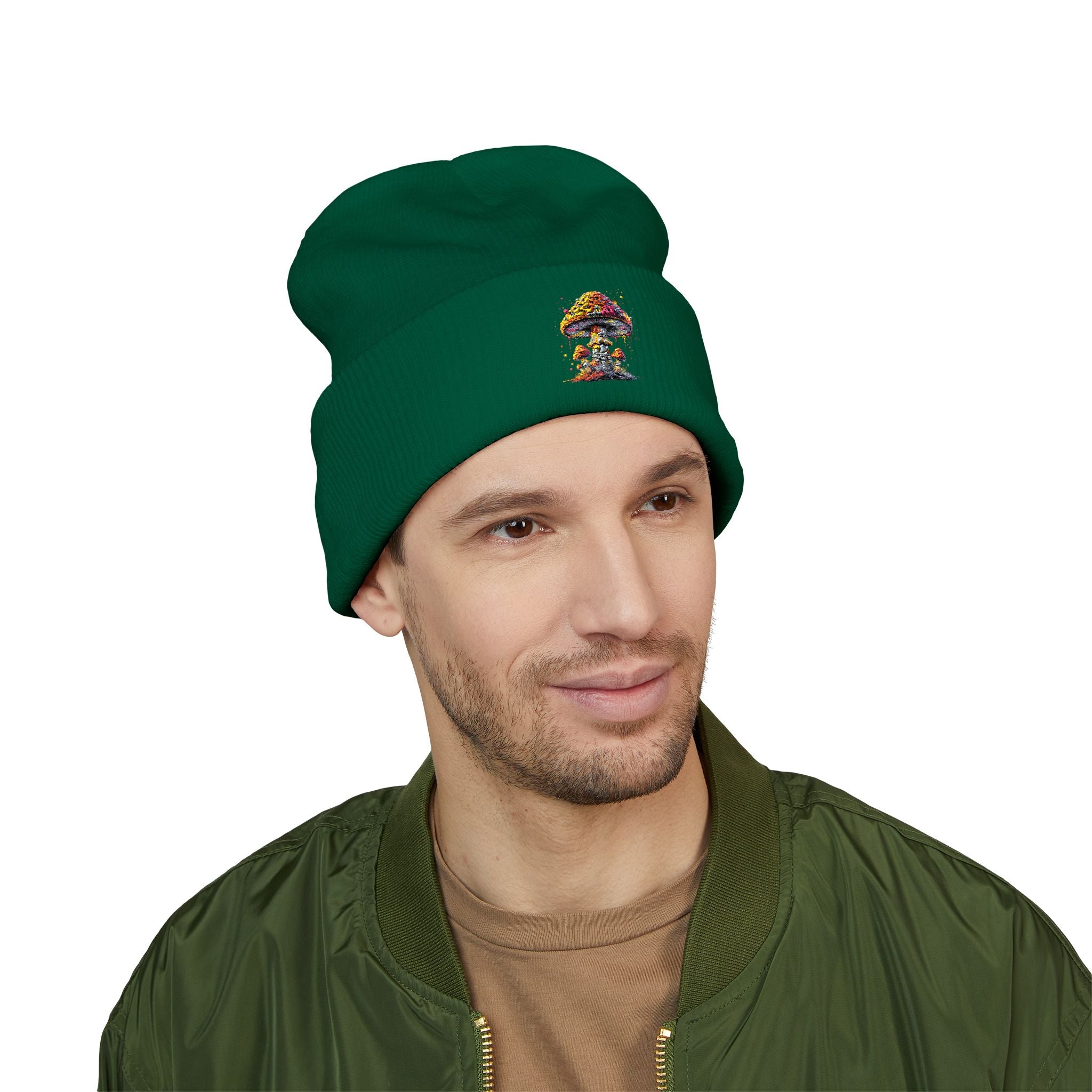 Beanie: Embroidered Colorful Mushroom Beanie — Cute Cuffed Knit Hat