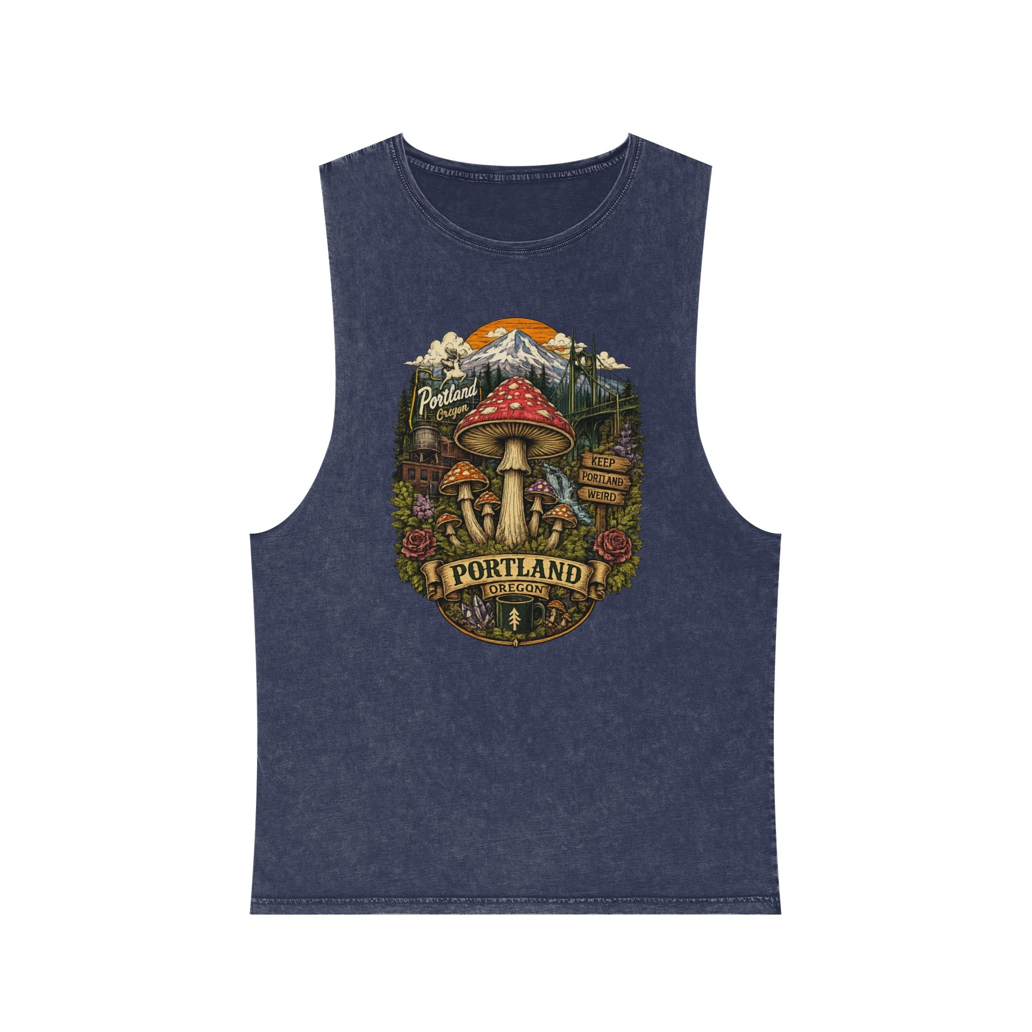 Portland Mushroom Graphic Tank — Stonewash Vintage Nature Tank Top