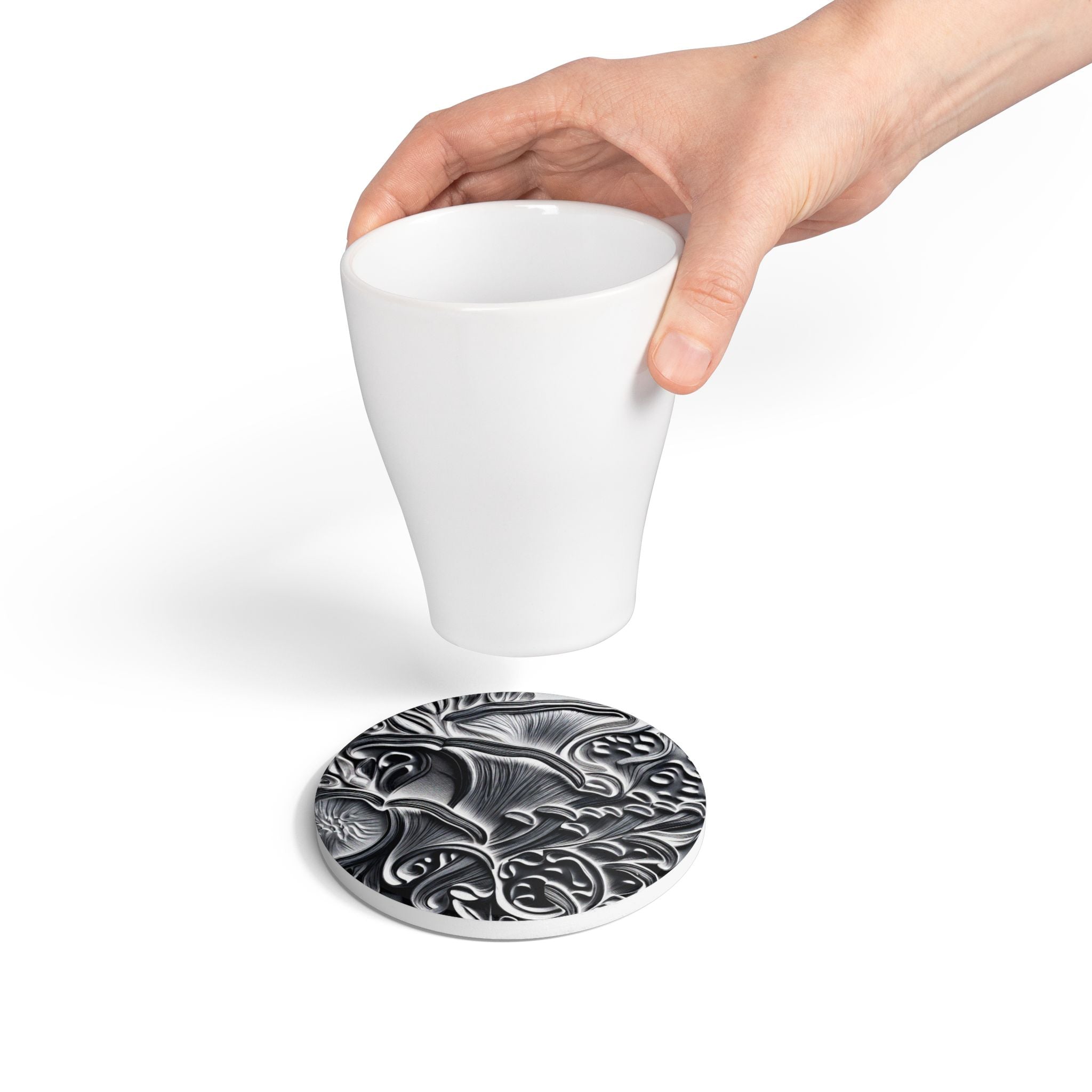 Ceramic Coaster: Black & Silver Floral Relief Design, Elegant Gothic Home Decor