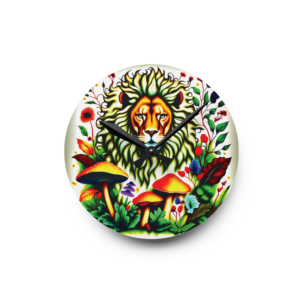 Lion & Mushrooms Acrylic Wall Clock — Colorful Botanical Animal Art