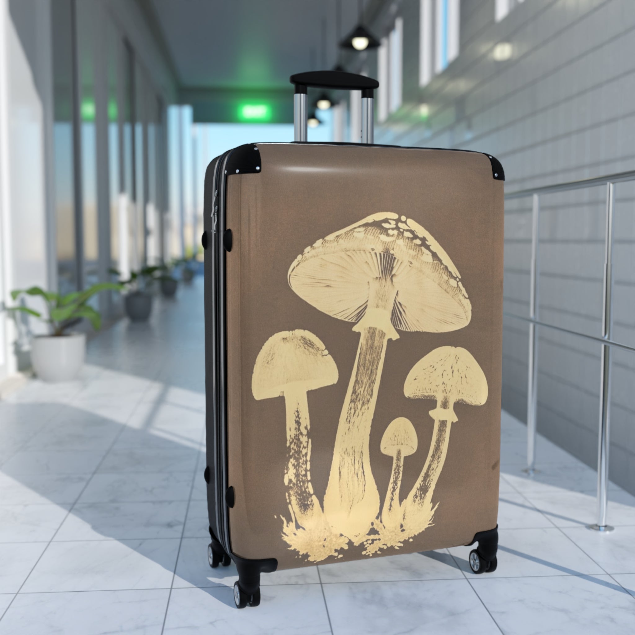 Mushroom Illustration Suitcase — Vintage Botanical Carry-On Luggage