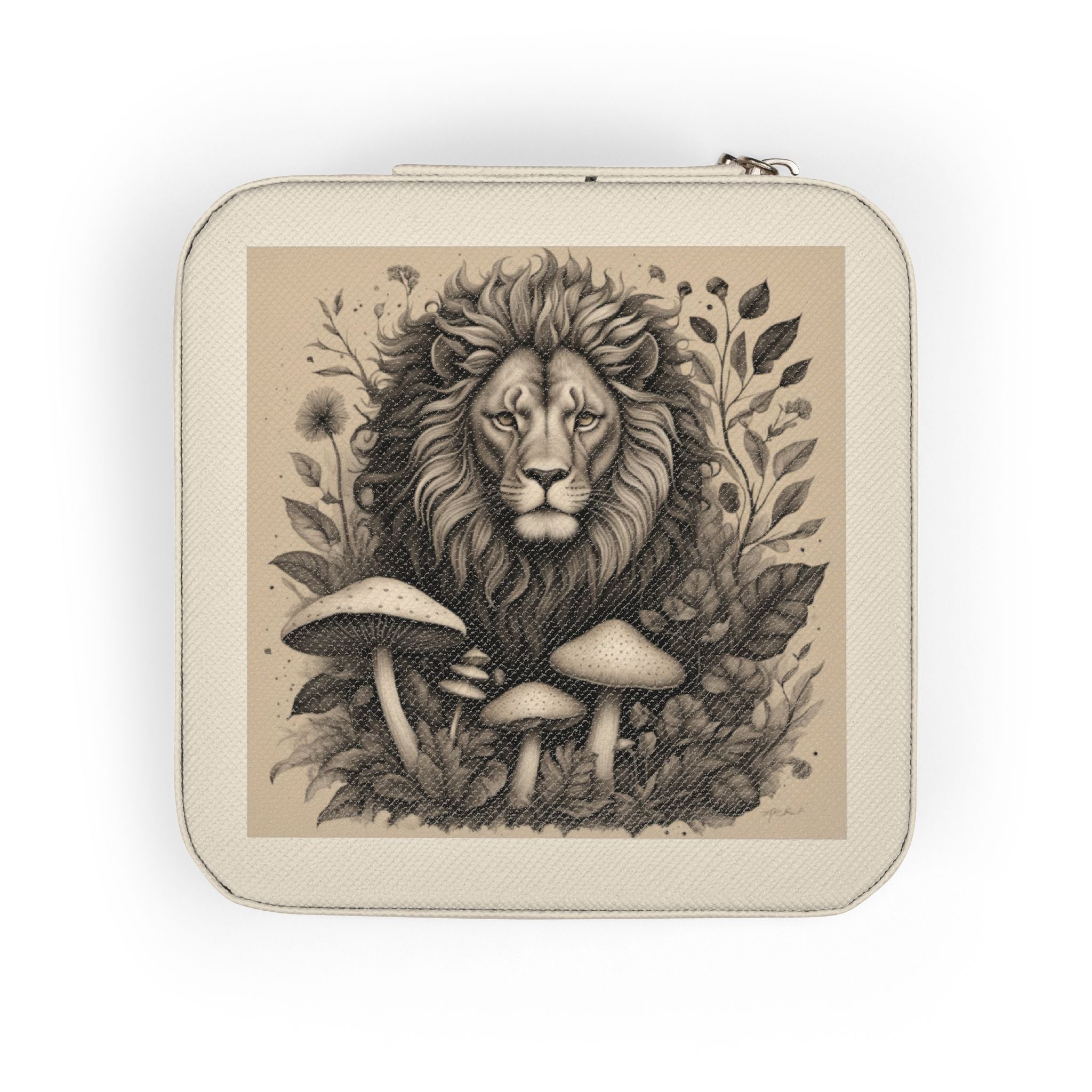 Lion & Mushrooms Jewelry Travel Case — Compact Organizer for Rings, Earrings & Necklaces