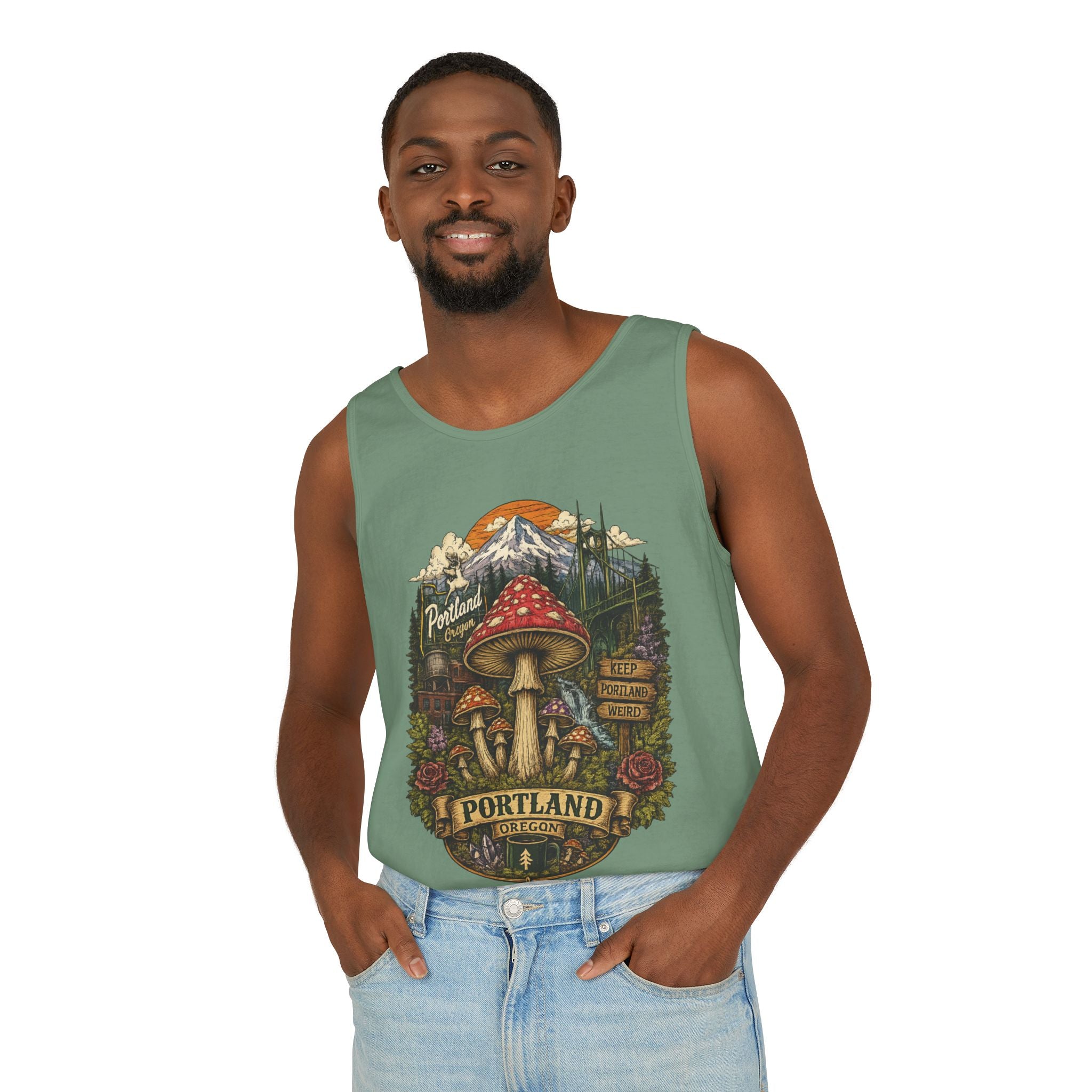 City: Portland Mushroom Tank Top — Vintage Forest Travel Graphic