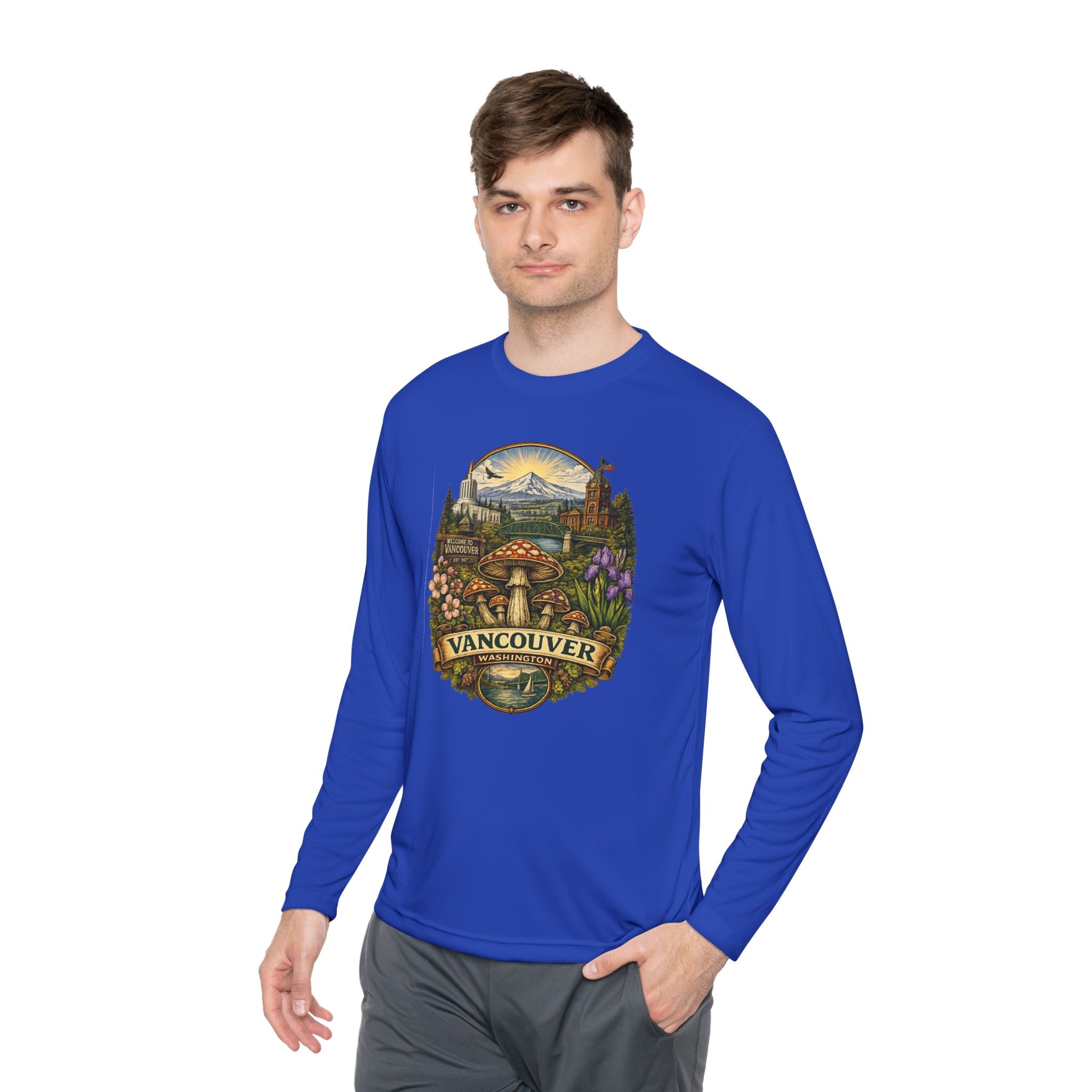Vancouver Nature Long Sleeve Tee — Scenic Mountains & Mushroom Art