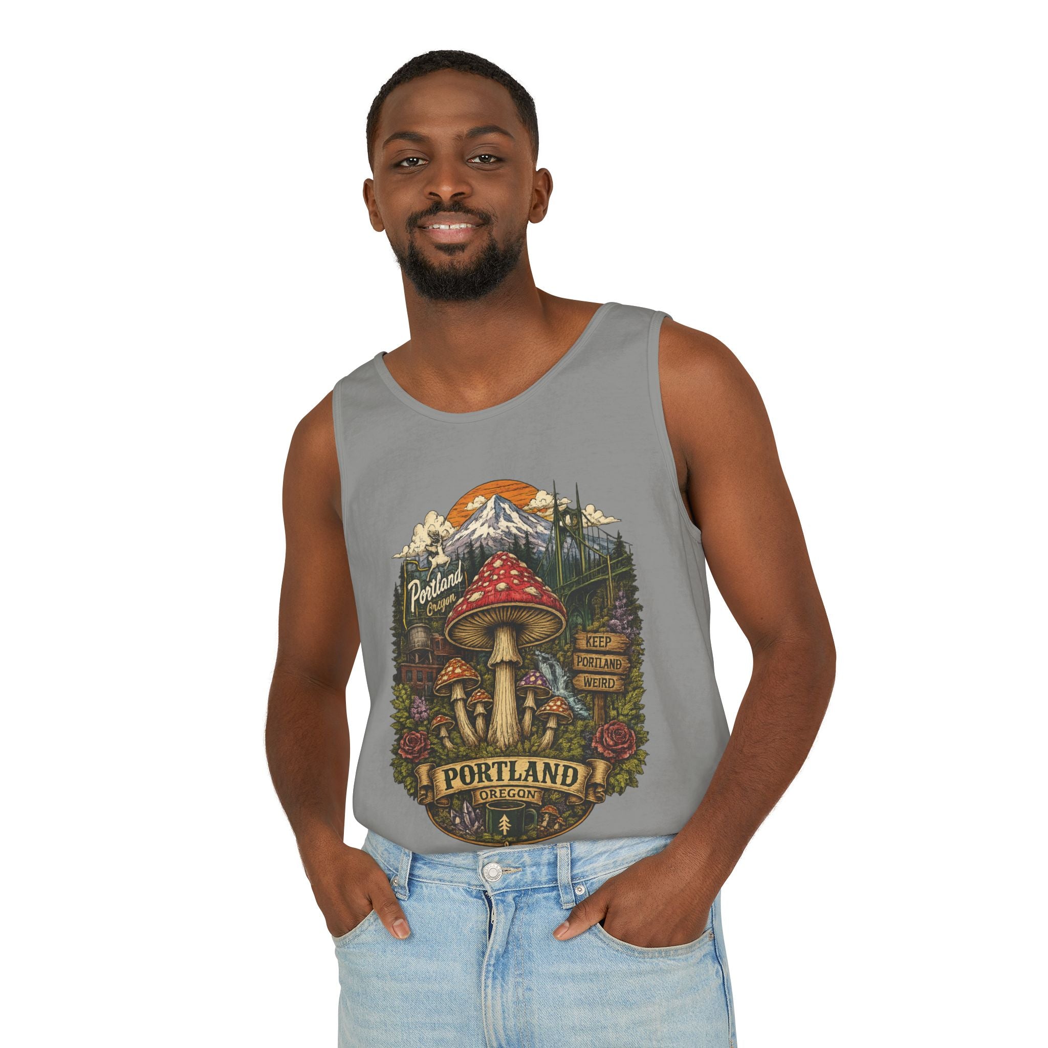 City: Portland Mushroom Tank Top — Vintage Forest Travel Graphic