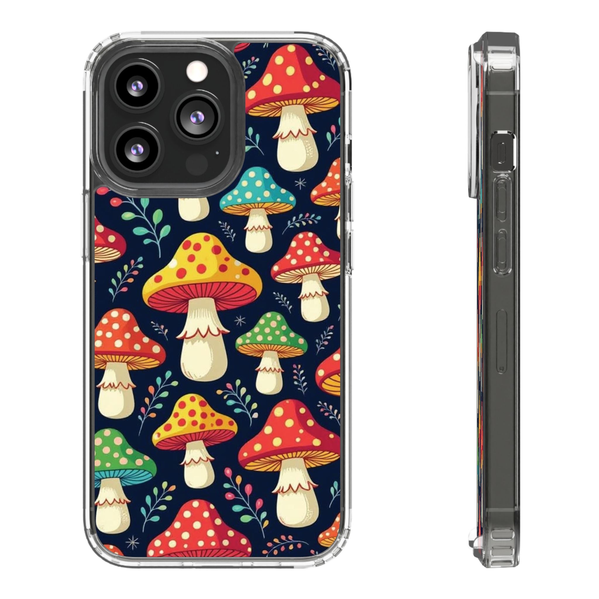 Phone Case: Mushroom Pattern Clear Phone Case — Colorful Toadstool Floral Design