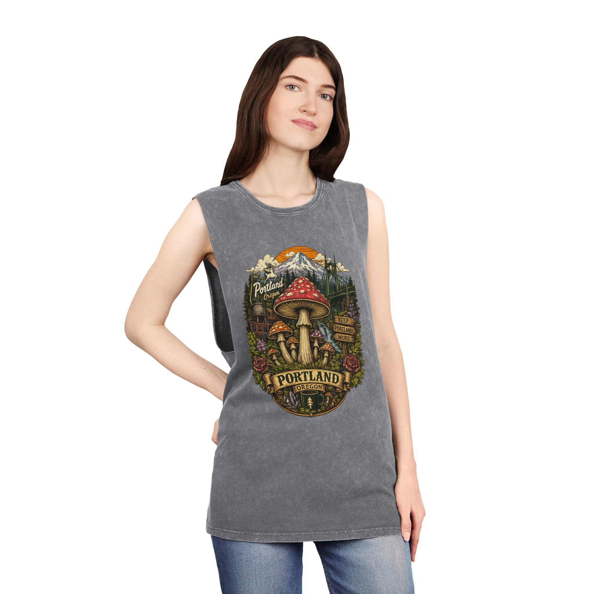Portland Mushroom Graphic Tank — Stonewash Vintage Nature Tank Top