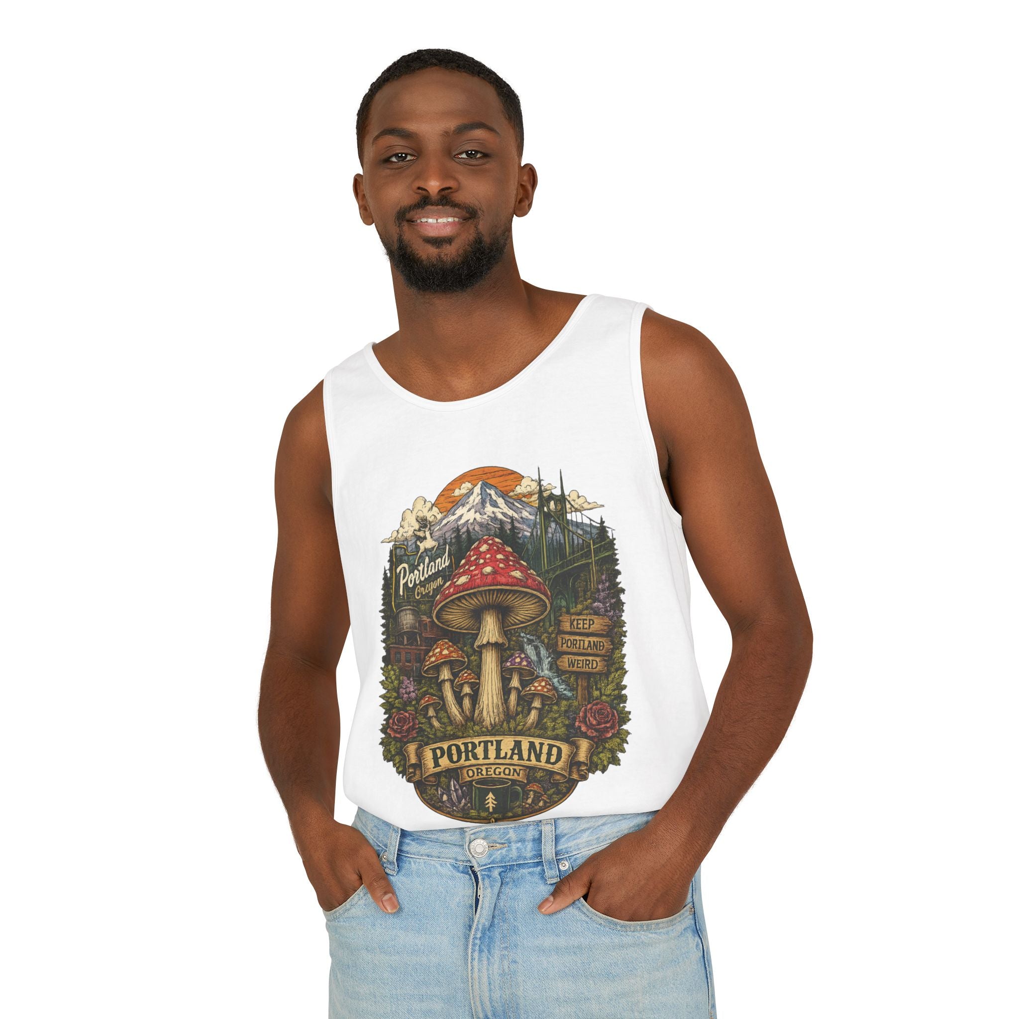 City: Portland Mushroom Tank Top — Vintage Forest Travel Graphic