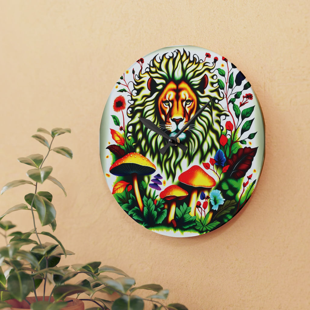 Lion & Mushrooms Acrylic Wall Clock — Colorful Botanical Animal Art