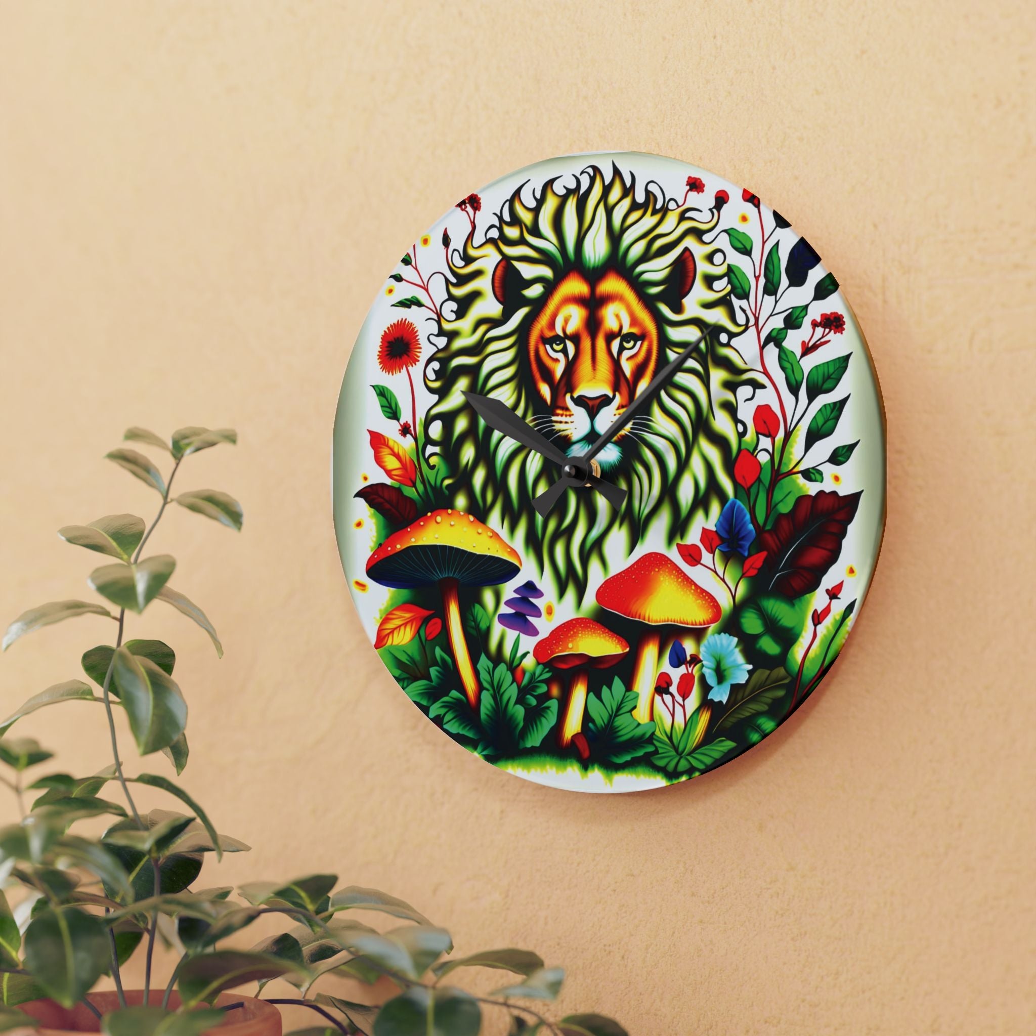 Lion & Mushrooms Acrylic Wall Clock — Colorful Botanical Animal Art