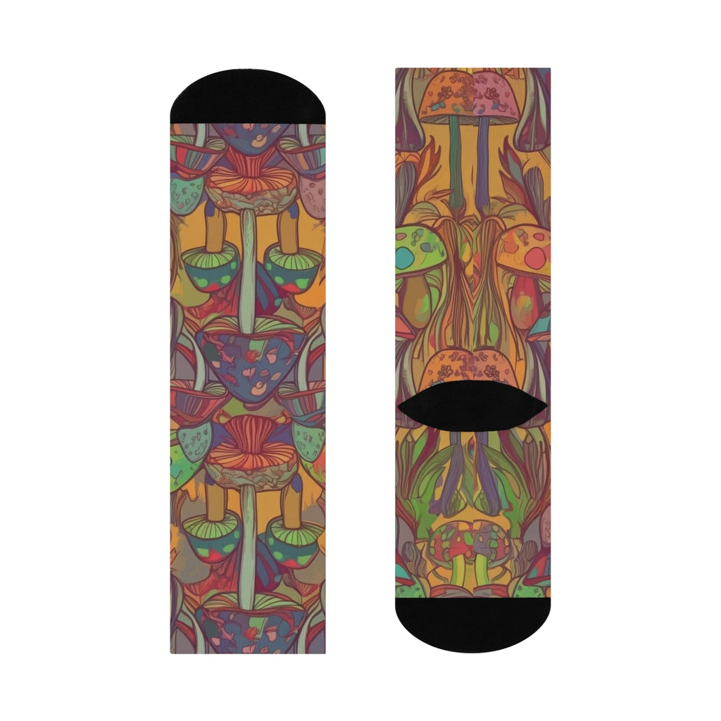 Socks: Mushroom Pattern Cushioned Crew Socks — Colorful Funky Forest Toe & Heel