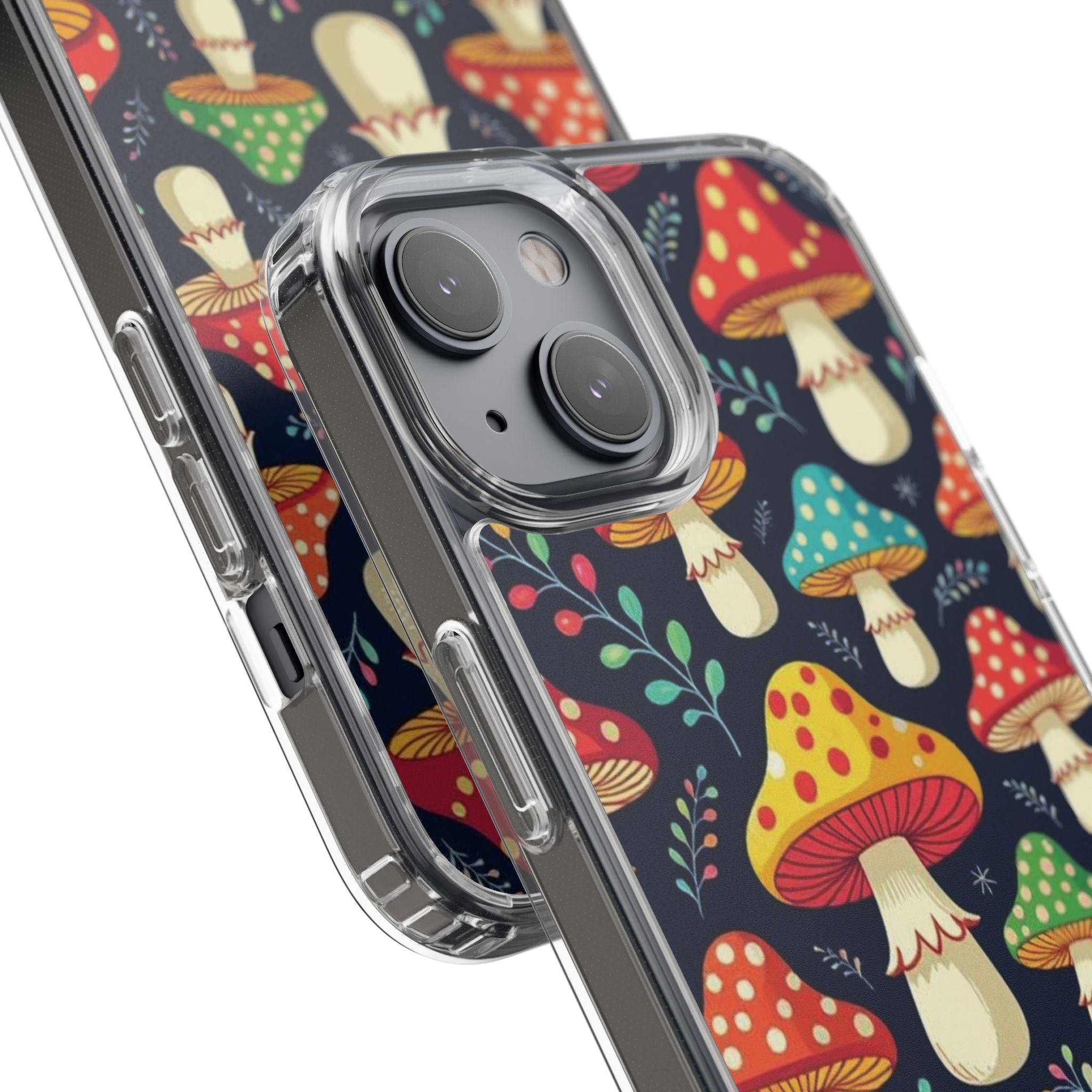 Phone Case: Mushroom Pattern Clear Phone Case — Colorful Toadstool Floral Design