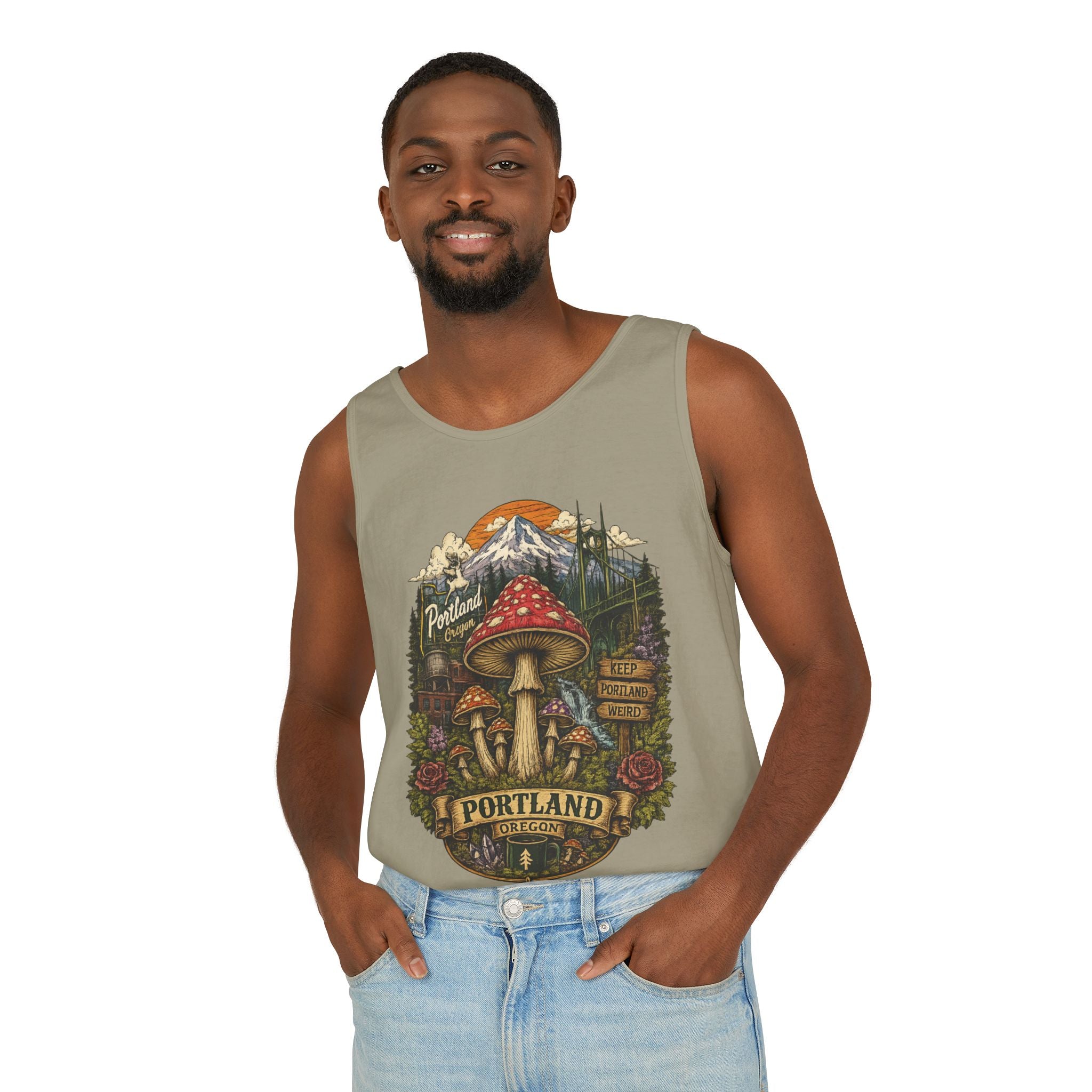 City: Portland Mushroom Tank Top — Vintage Forest Travel Graphic