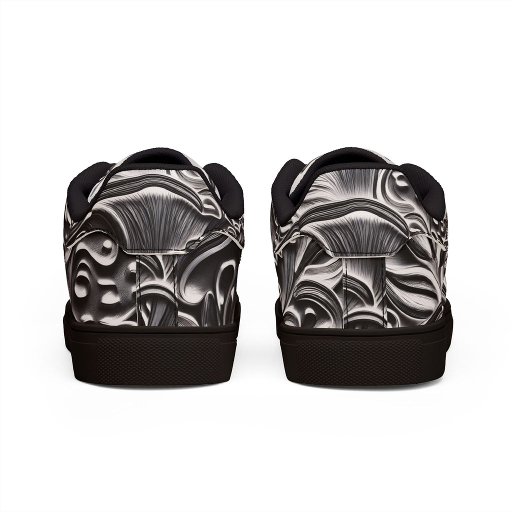 Men's Low-Top Leather Sneakers — Monochrome Abstract Swirl Design
