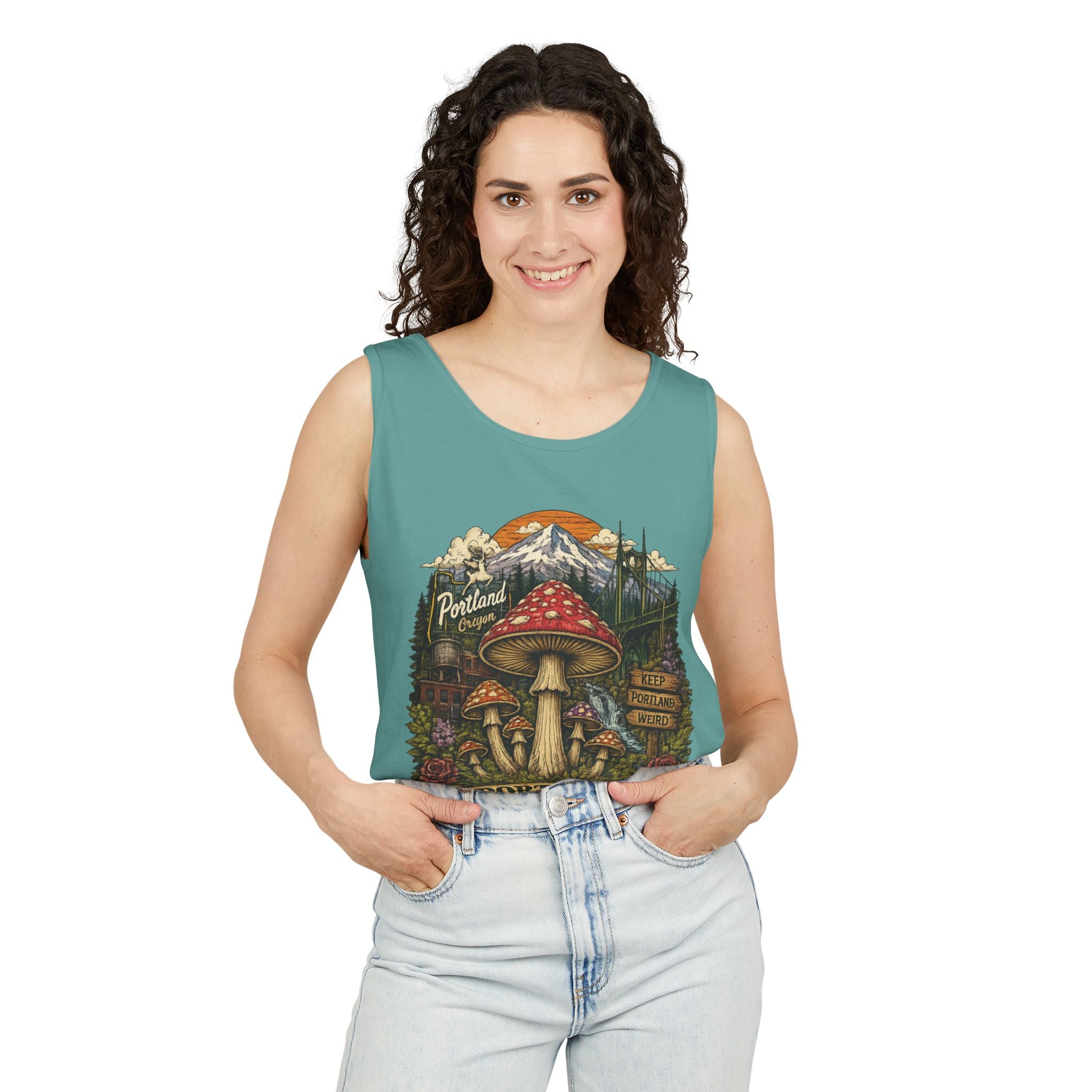 City: Portland Mushroom Tank Top — Vintage Forest Travel Graphic