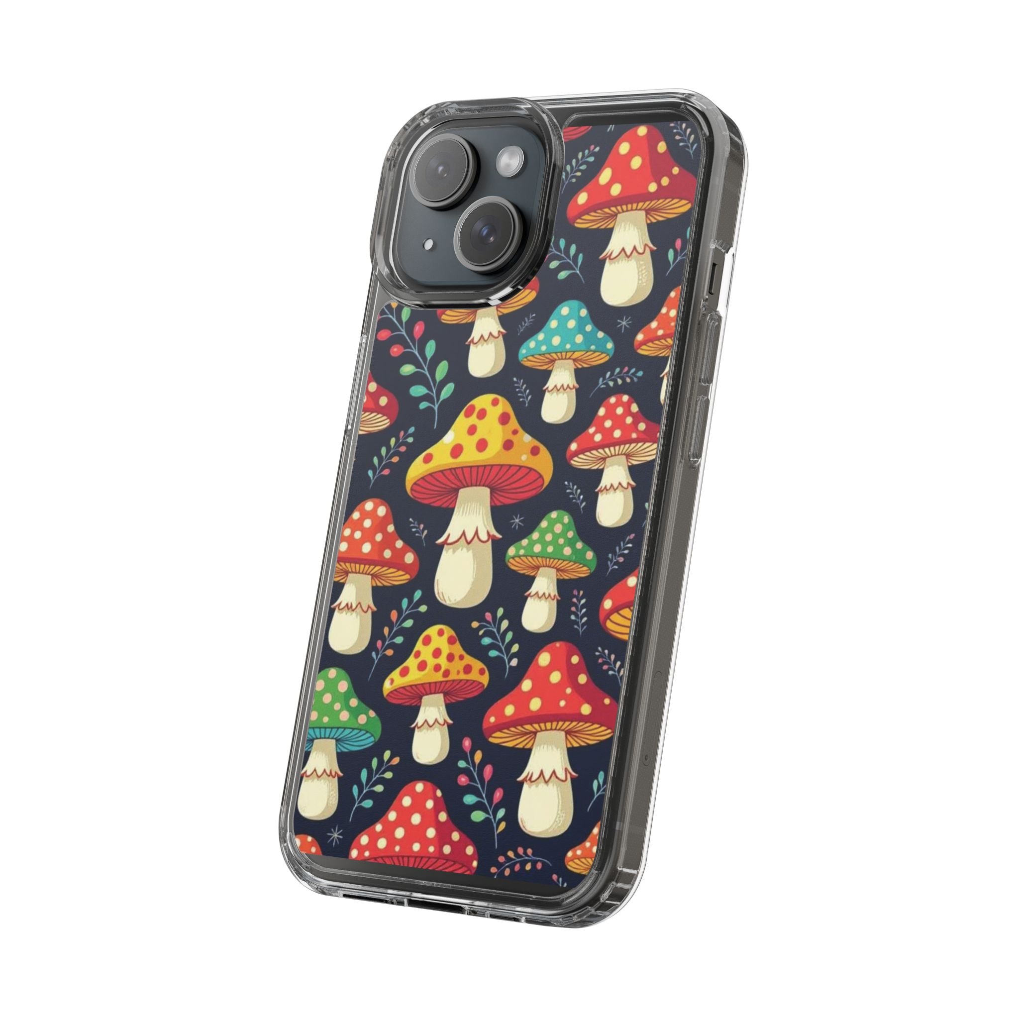Phone Case: Mushroom Pattern Clear Phone Case — Colorful Toadstool Floral Design