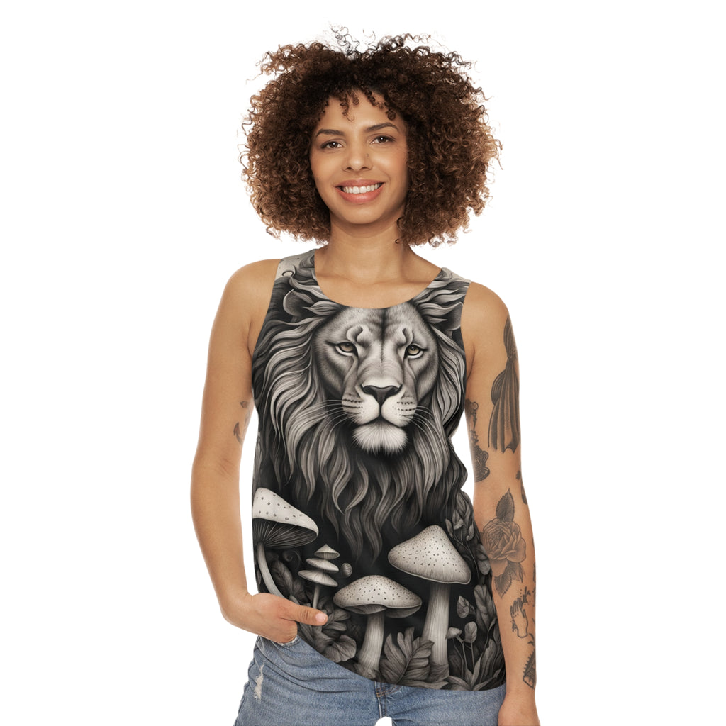 Camiseta sin mangas con estampado integral de león y setas — Vibras de bosque majestuoso monocromático