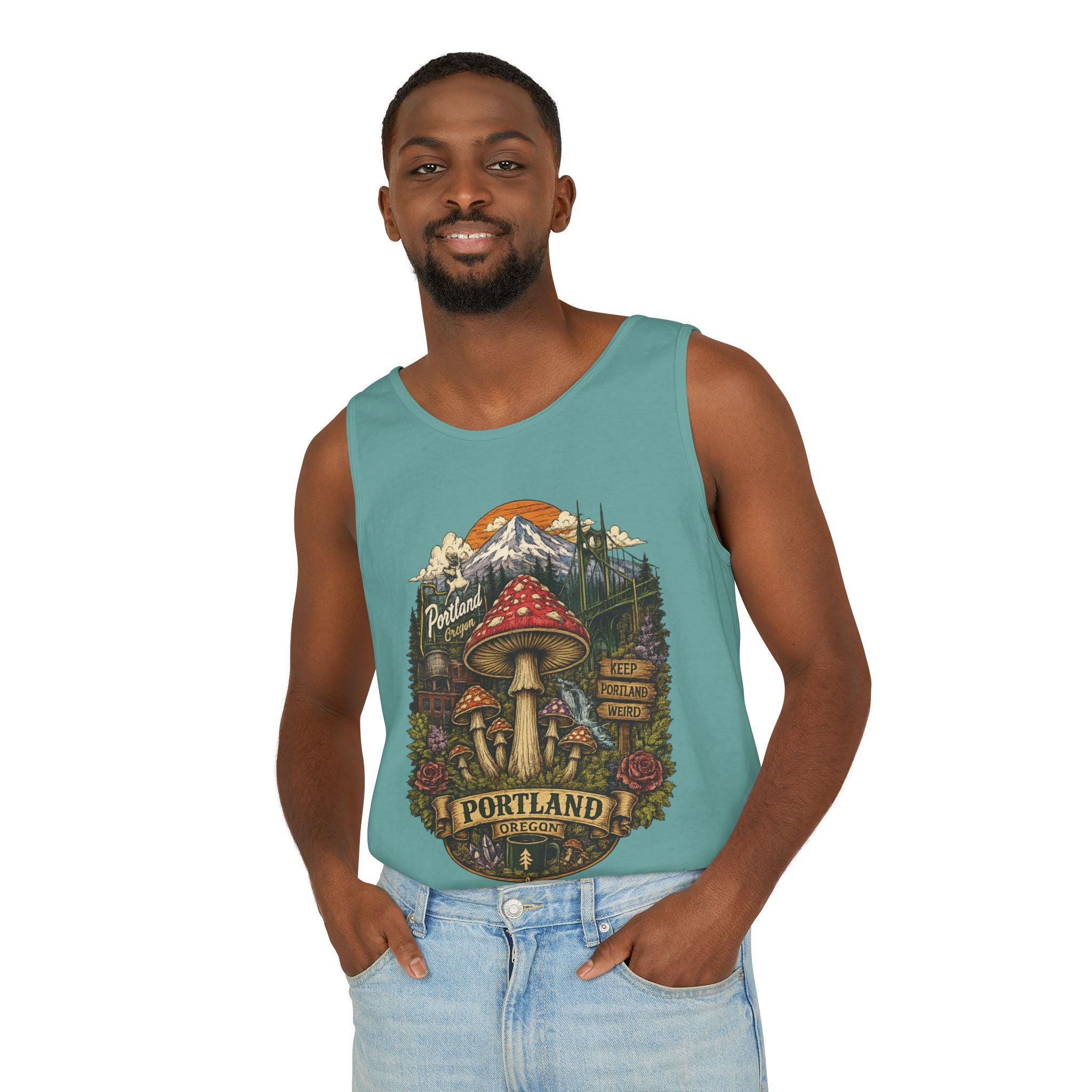 City: Portland Mushroom Tank Top — Vintage Forest Travel Graphic