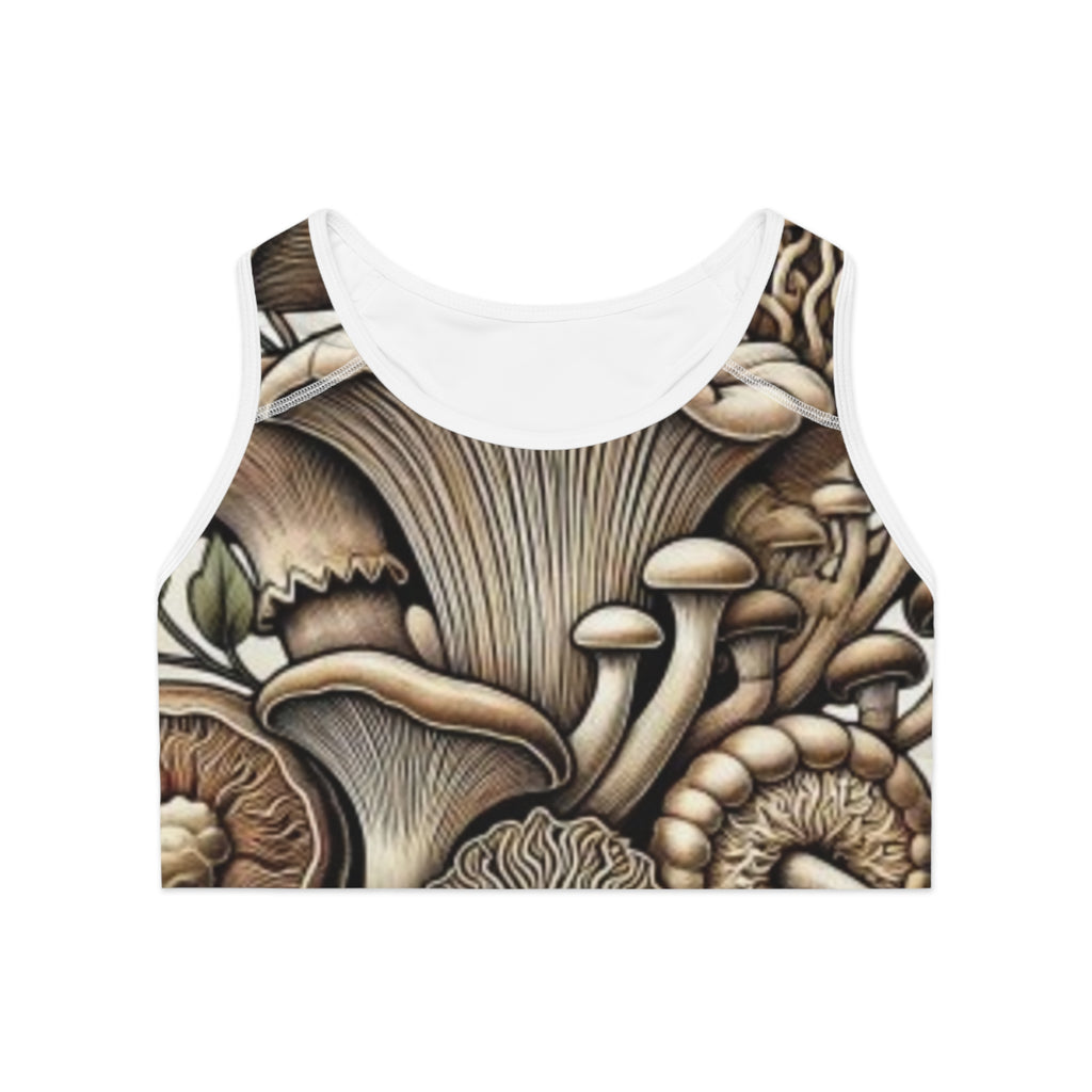 Sujetador deportivo "Bosque de setas" - Ropa deportiva con estampado integral de hongos botánicos