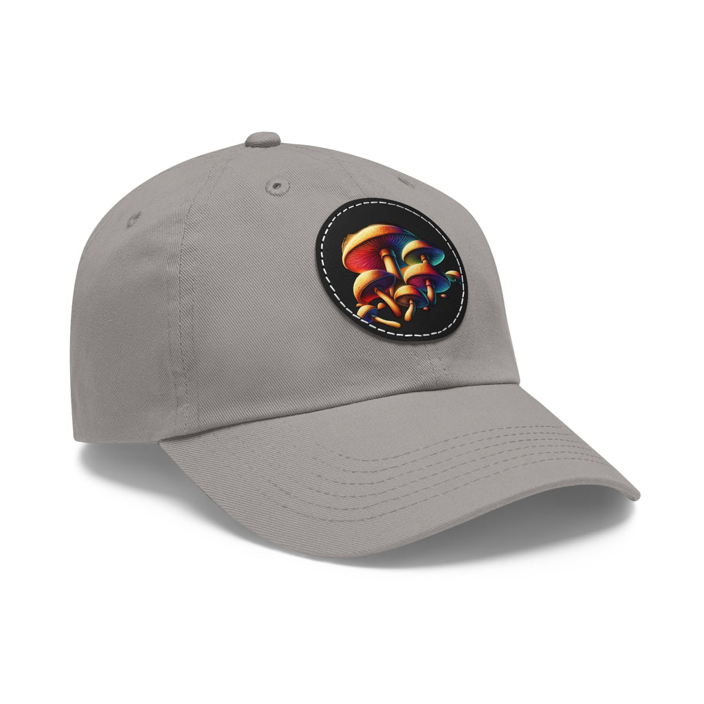 Mushroom Patch Dad Hat — Colorful Psychedelic Fungi Leather Patch Cap