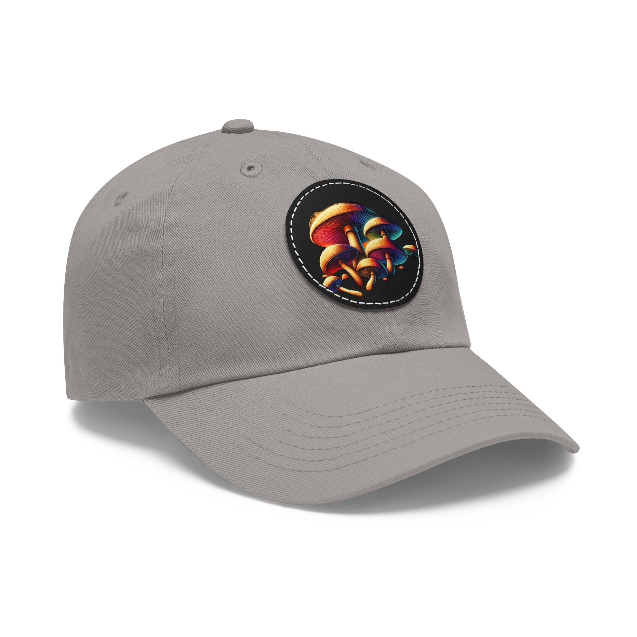 Mushroom Patch Dad Hat — Colorful Psychedelic Fungi Leather Patch Cap