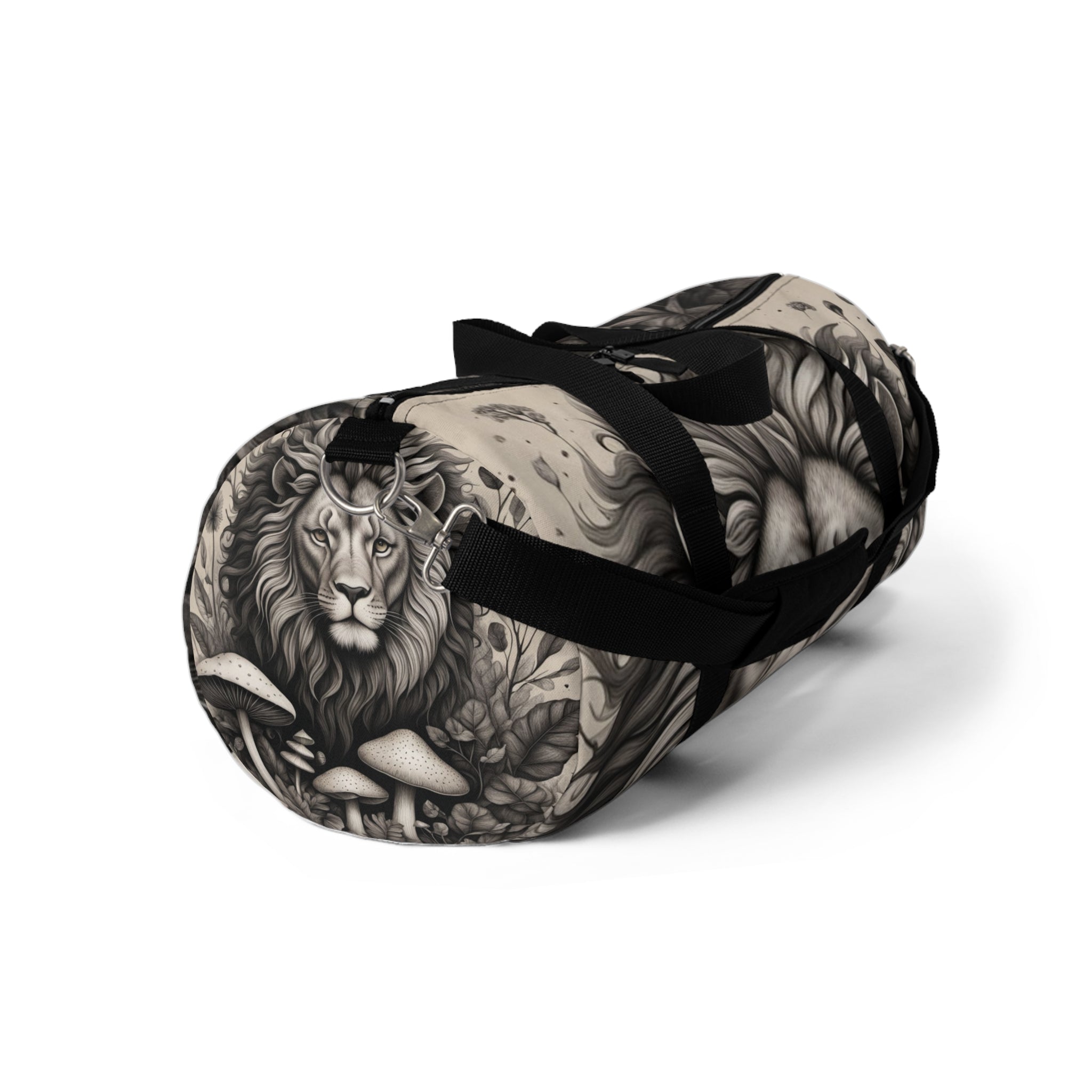 Carry Courage. Roam Wild Lion Heart Myco Duffel featuring a lion and mushroom print in grayscale.