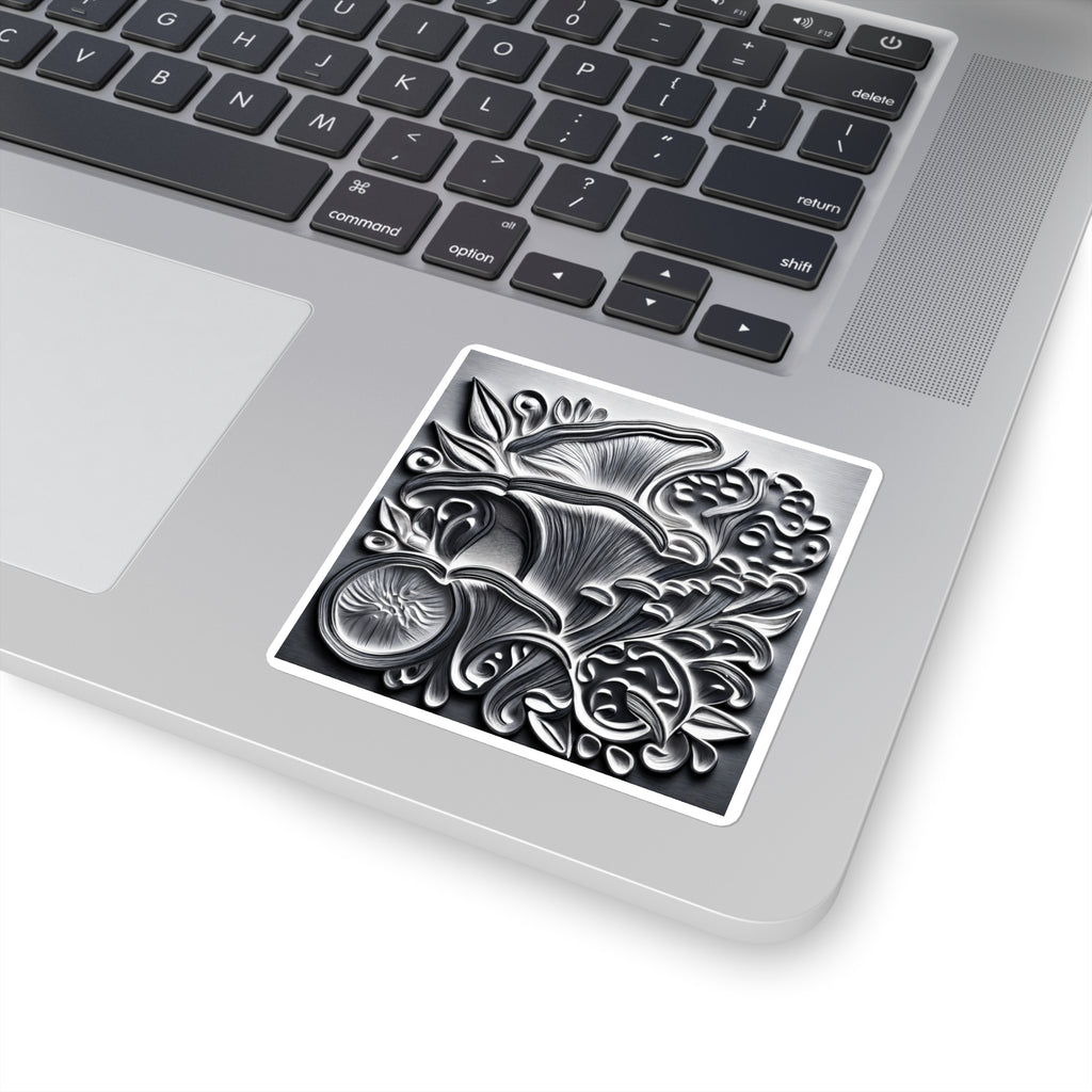 Metallic Botanical Square Sticker — Embossed Floral Mushroom Design