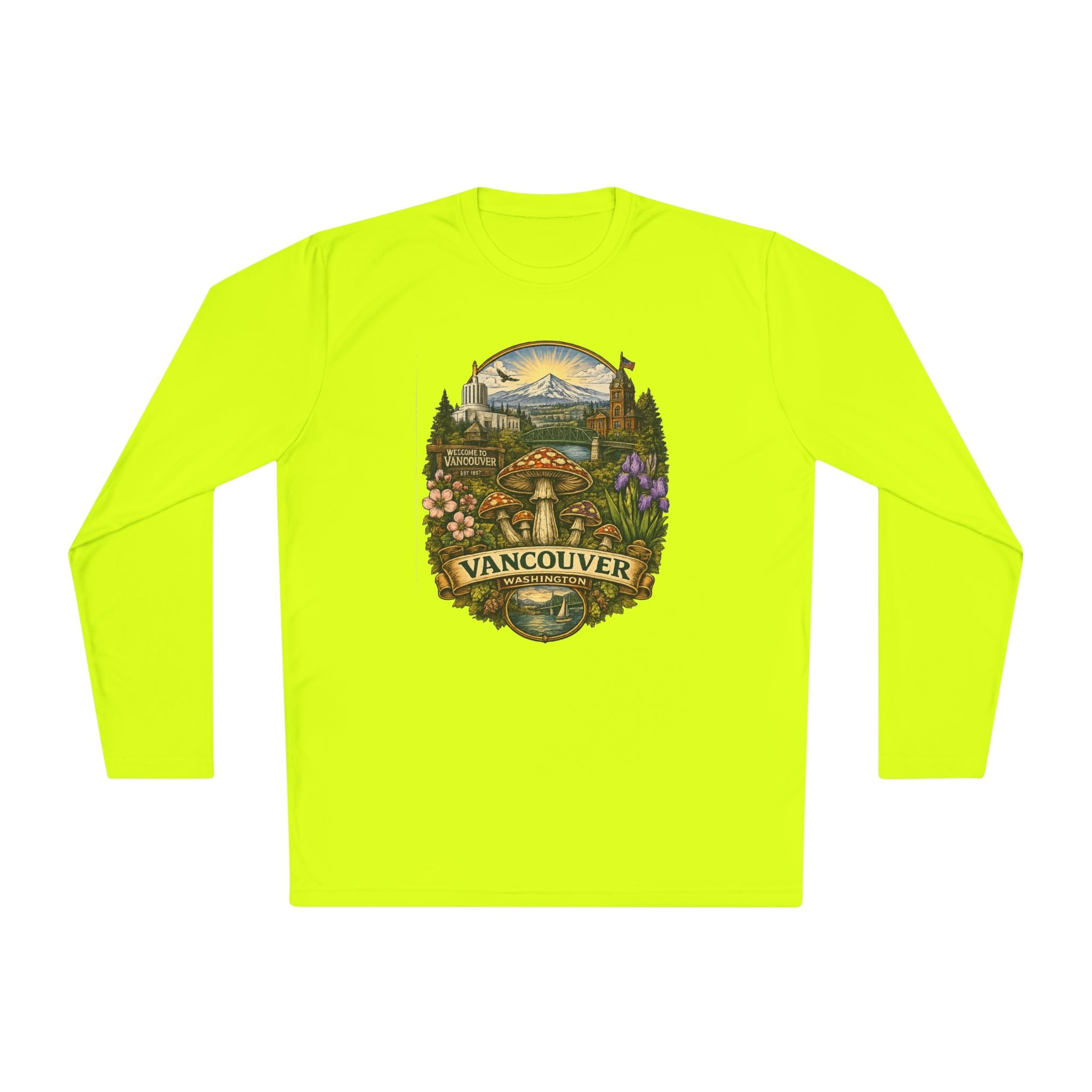 Vancouver Nature Long Sleeve Tee — Scenic Mountains & Mushroom Art