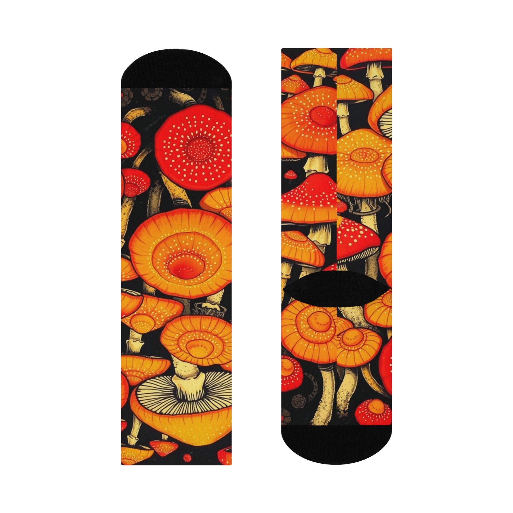 Socks: Mushroom Pattern Cushioned Crew Socks - Orange Fungi Graphic