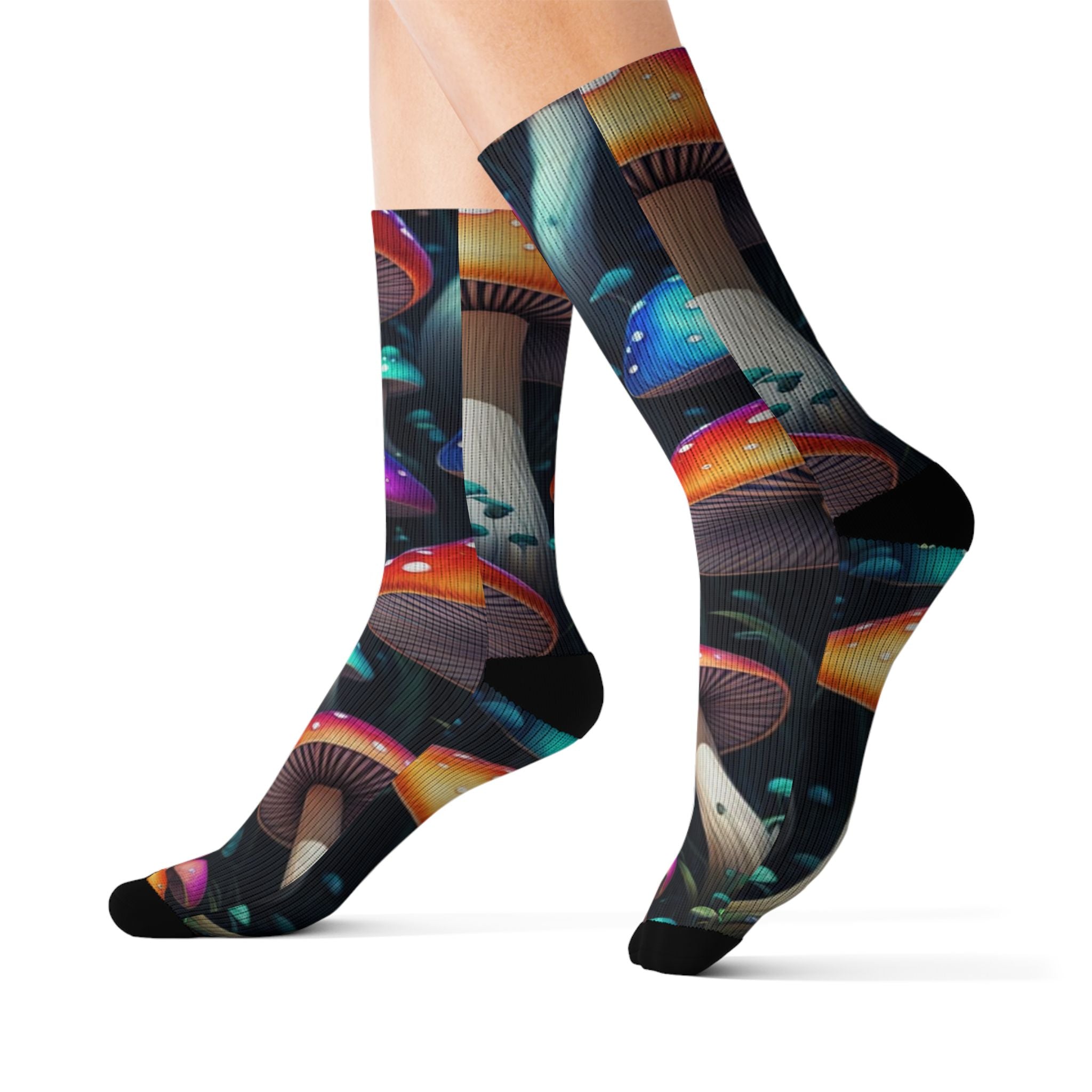 Socks: Psychedelic Mushroom Sublimation Socks — Colorful Fantasy Crew Socks