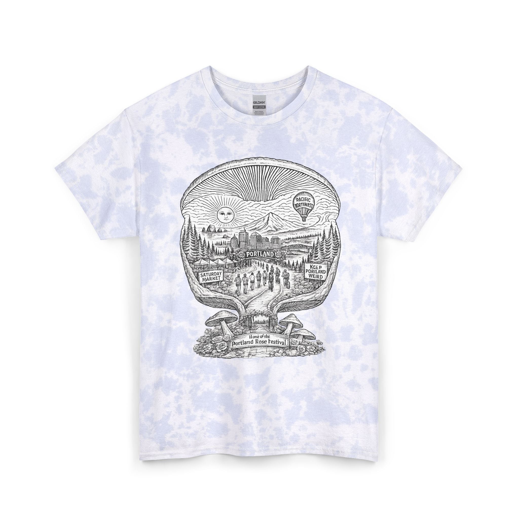 T-Shirt: Tie Dye Tee — Scenic Skull Illustration | Farmers Market Mushroom Map