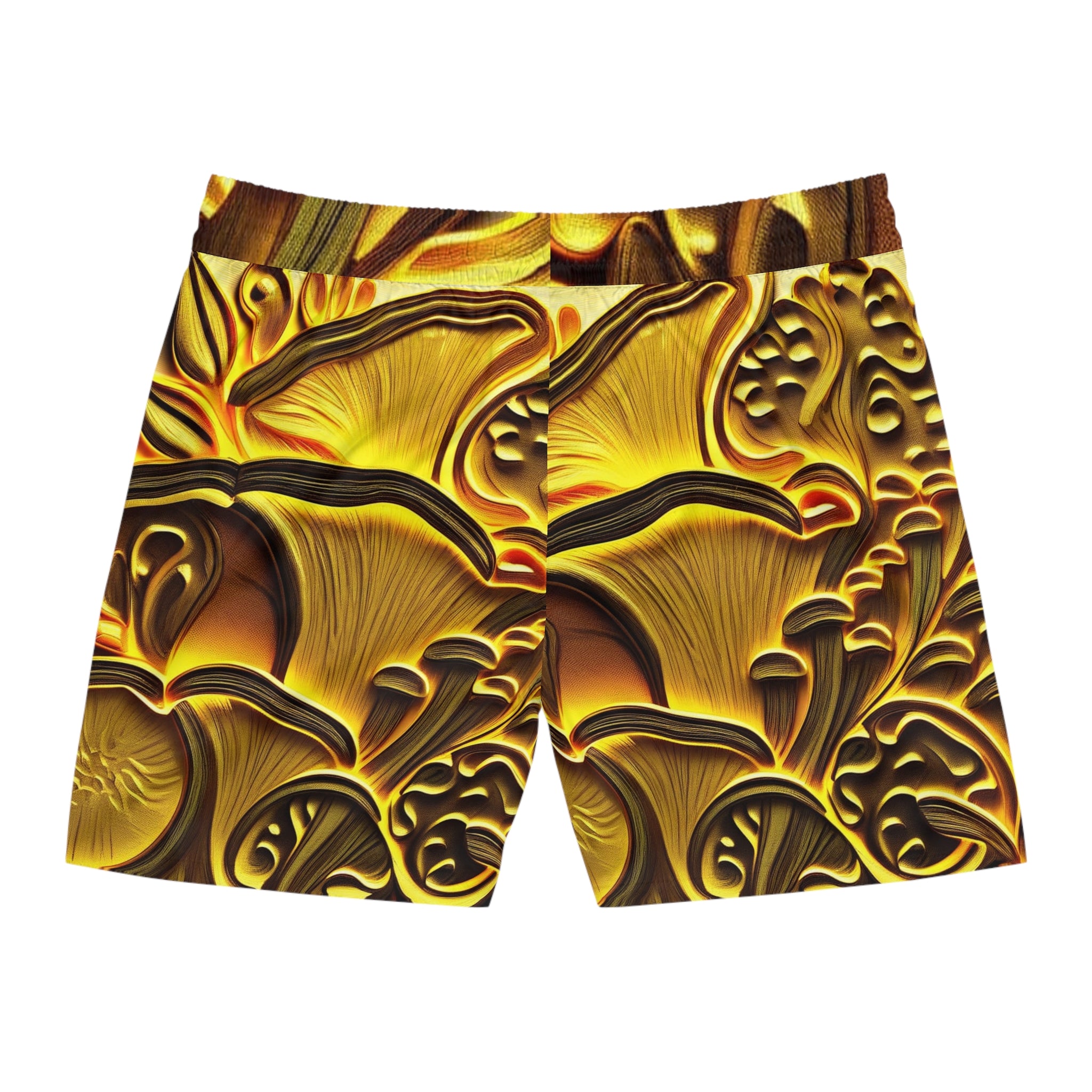 Golden Mushroom Print Swim Shorts — Men’s Mid-Length Tropical Boardshorts