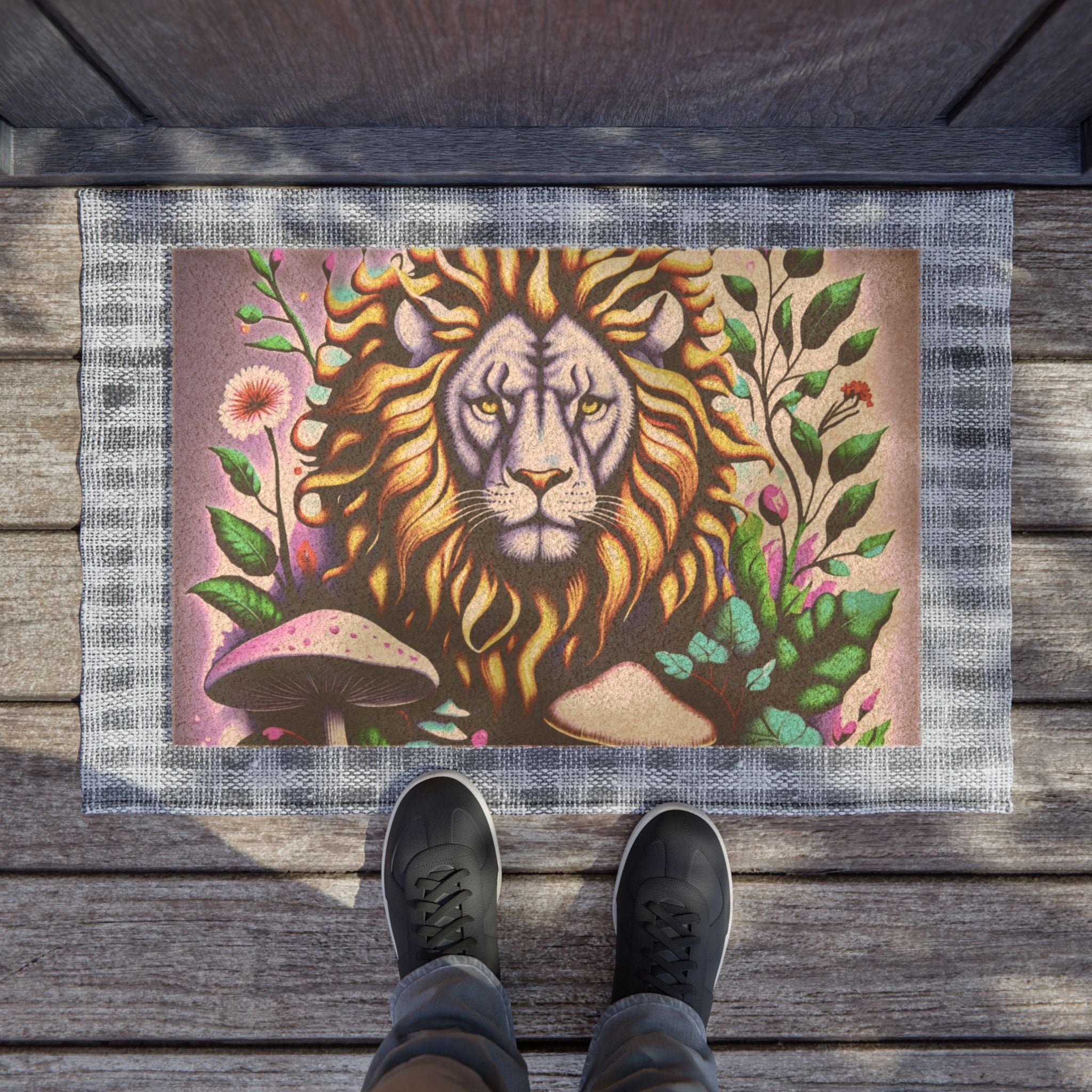 Lion Botanical Doormat — Decorative Floral Lion Welcome Mat