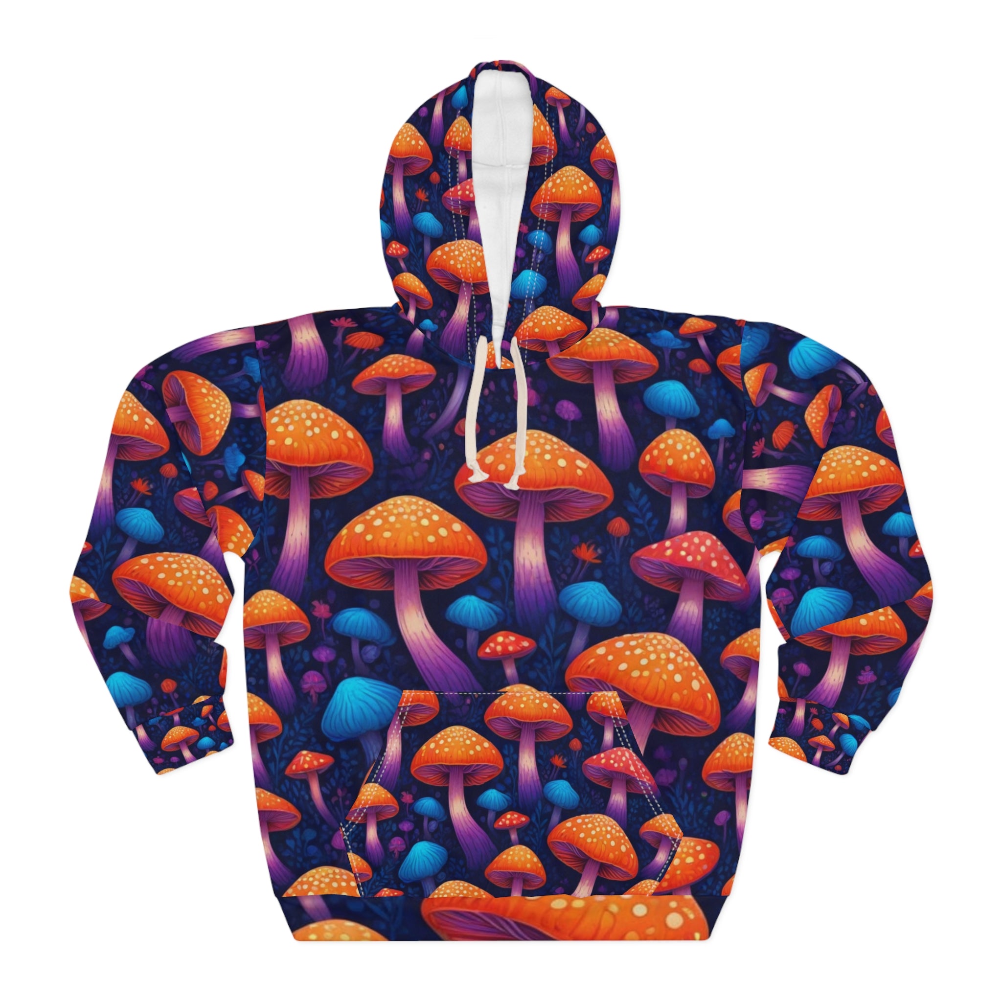Psychedelic Mushroom Print Hoodie – Neon Orange & Purple All-Over Pullover