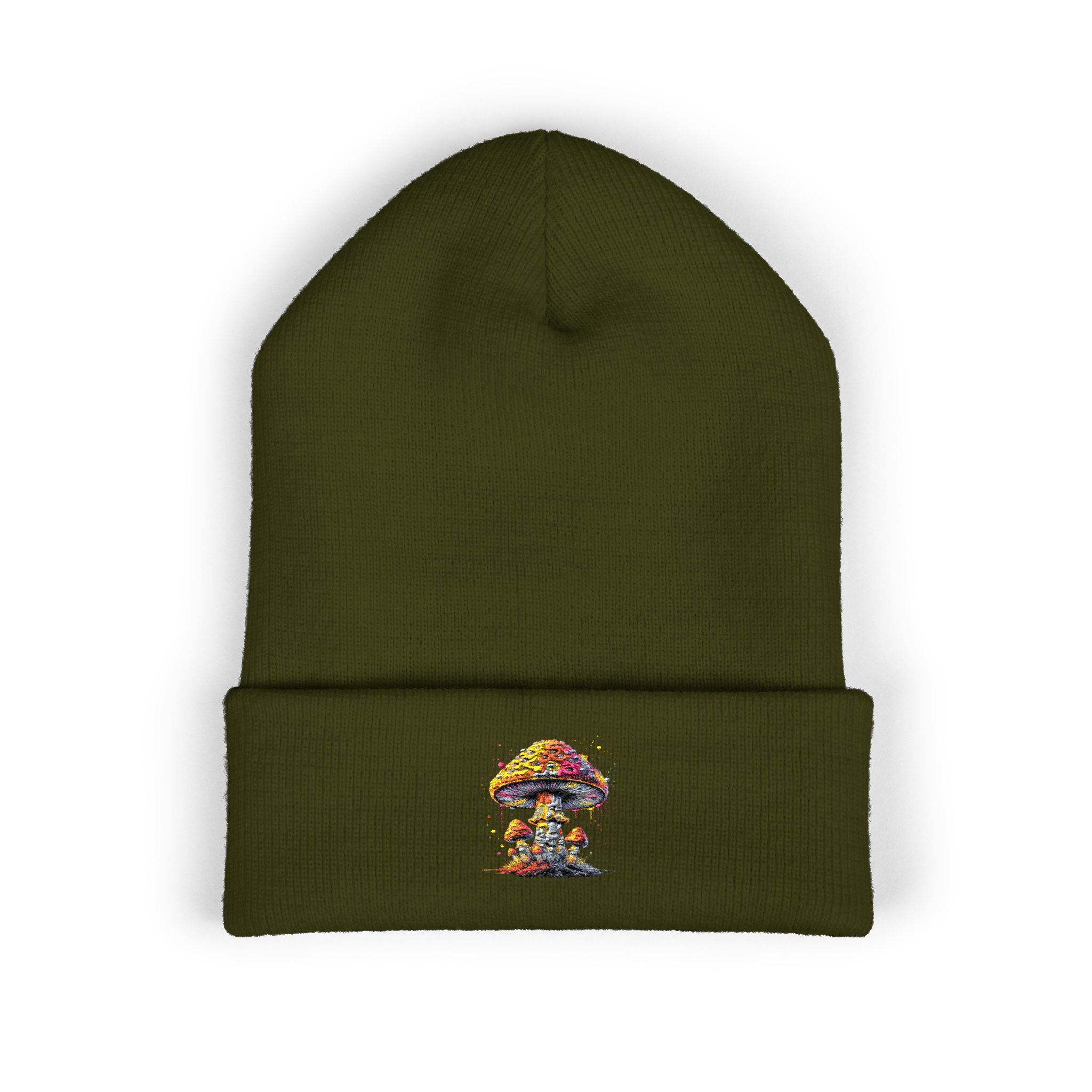 Beanie: Embroidered Colorful Mushroom Beanie — Cute Cuffed Knit Hat