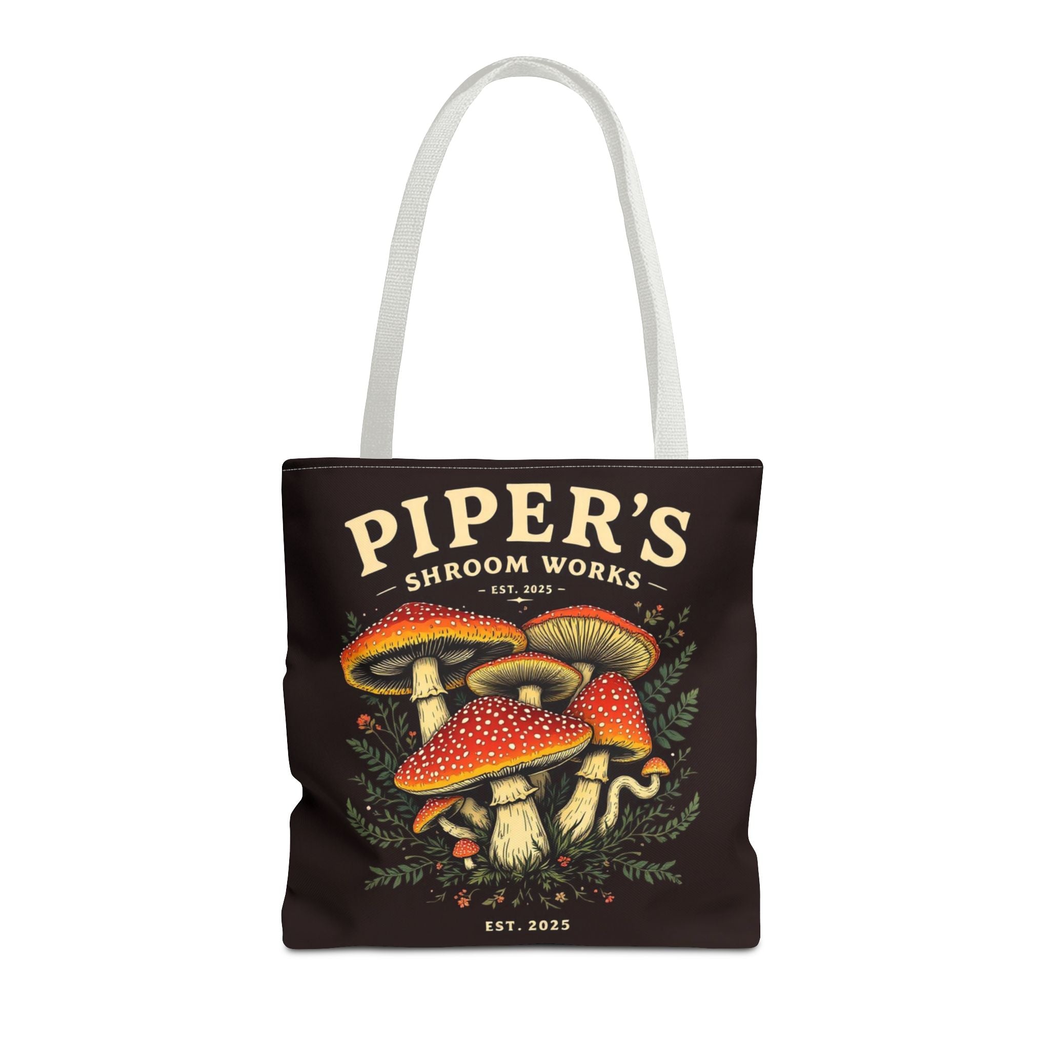 Mushroom Tote Bag — "Piper's Shroom Works" Vintage Fungi Market Shopper