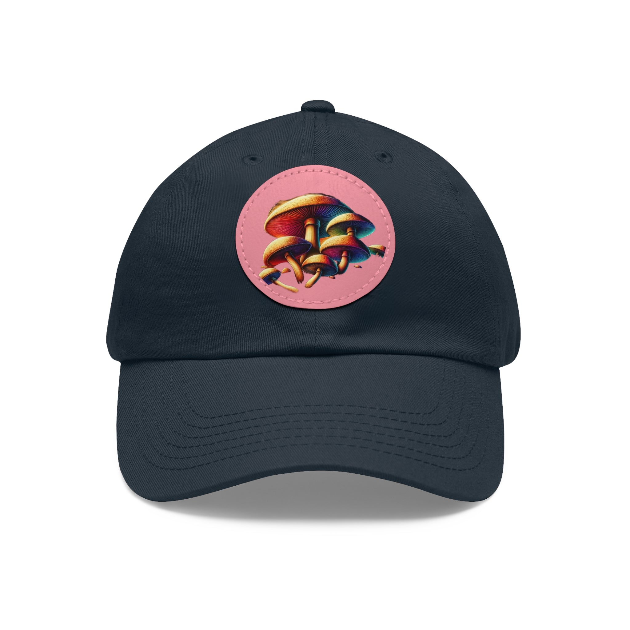 Mushroom Patch Dad Hat — Colorful Psychedelic Fungi Leather Patch Cap
