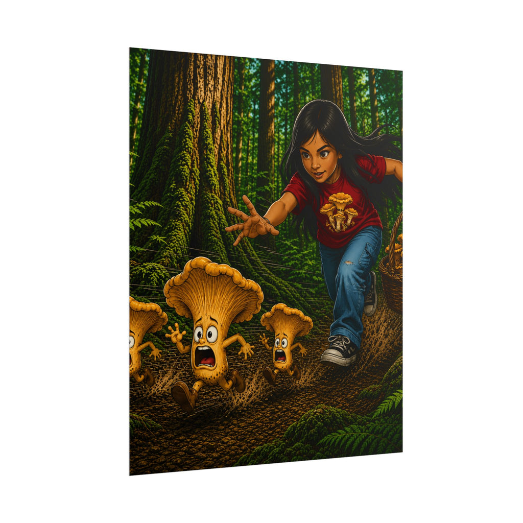 Rolled Poster: Girl Chasing Animated Mushrooms Forest Art Print