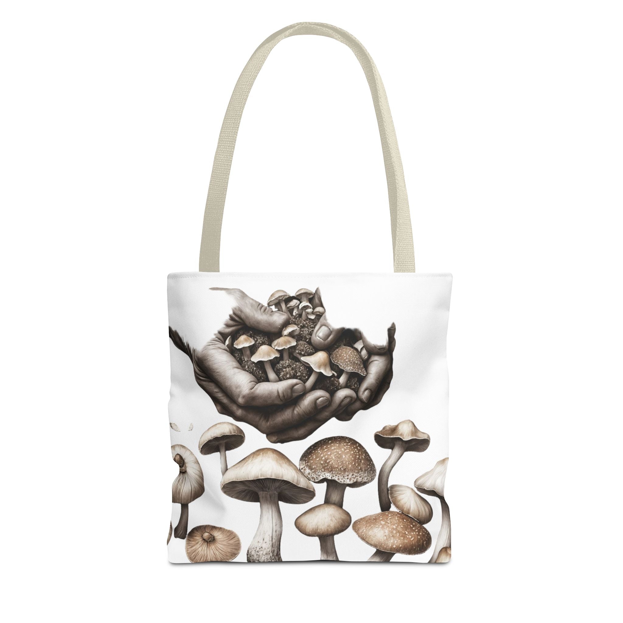 Mushroom Garden Tote Bag — Hand-Held Fungi Illustration All-Over Print