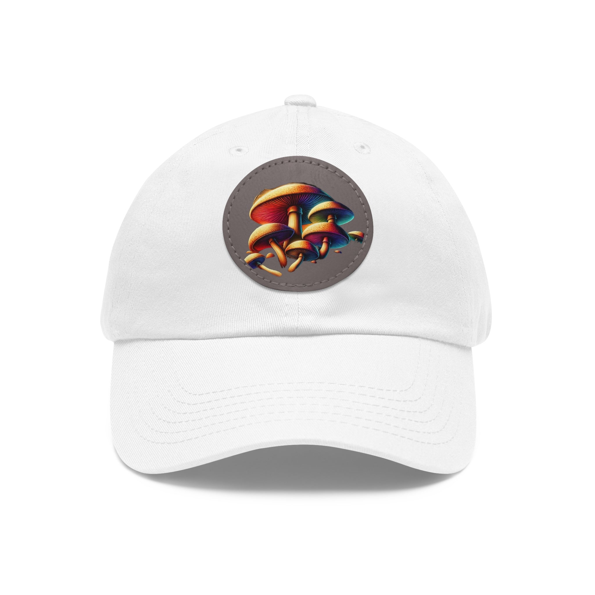 Mushroom Patch Dad Hat — Colorful Psychedelic Fungi Leather Patch Cap