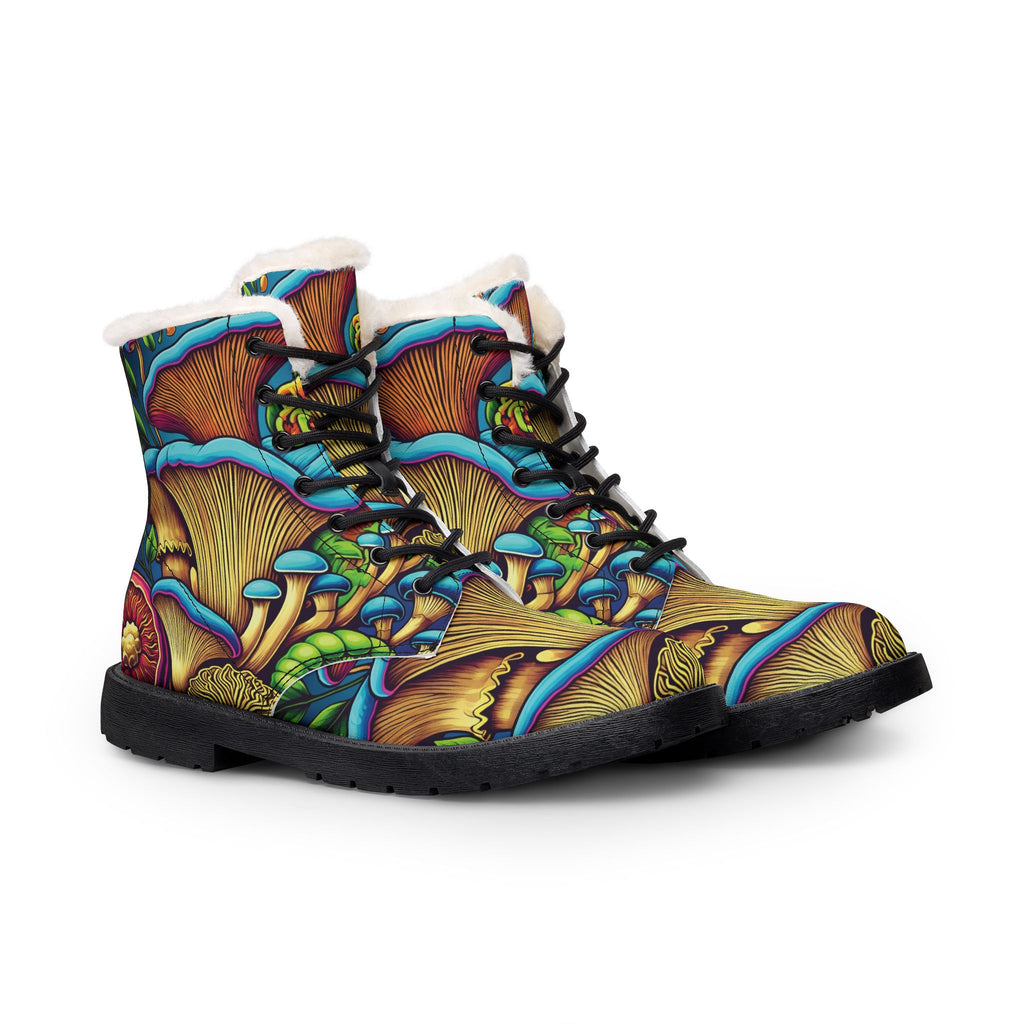 Women's Fur-Lined Leather Boots — Colorful Psychedelic Mushroom Print