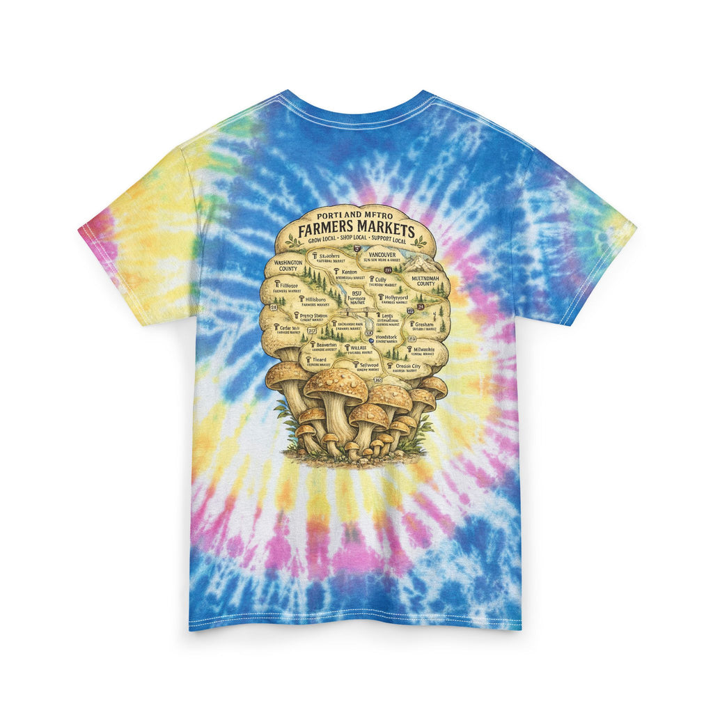 T-Shirt: Tie Dye Tee — Scenic Skull Illustration | Farmers Market Mushroom Map